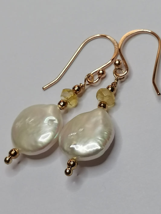 24ct Rose Gold Vermeil 925 Sterling silver Cultured Freshwater Coin Pearl Earrings with Citrine Gemstone 955