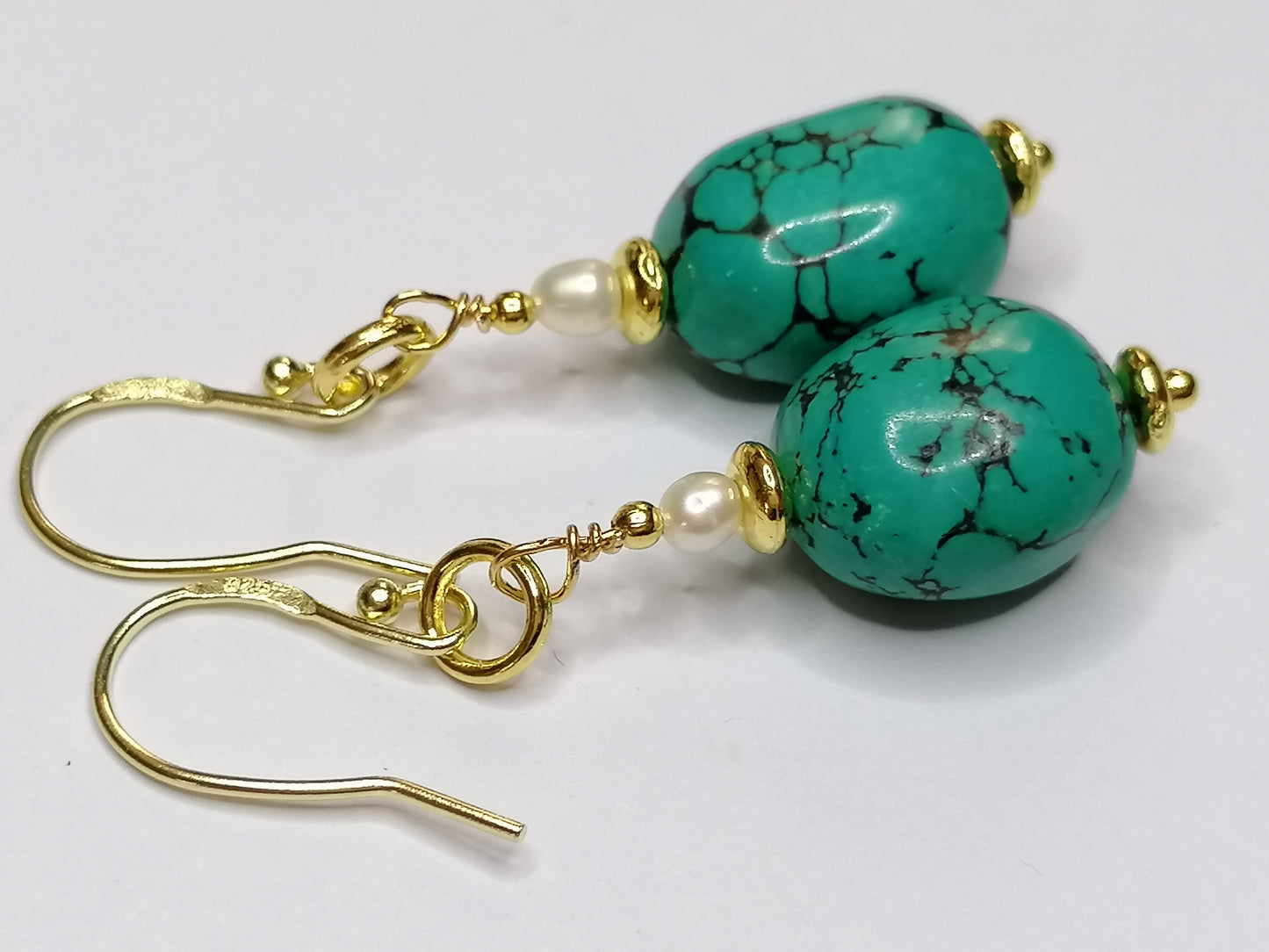 24ct Gold Vermeil 925 Sterling silver Turquoise and Cultured Freshwater Pearl earrings 877