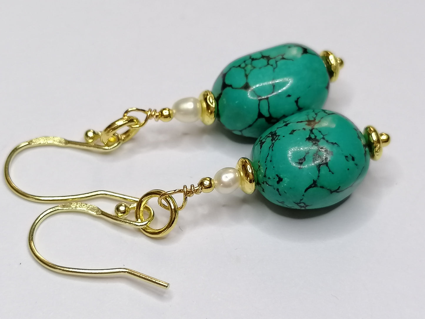 24ct Gold Vermeil 925 Sterling silver Turquoise and Cultured Freshwater Pearl earrings 877