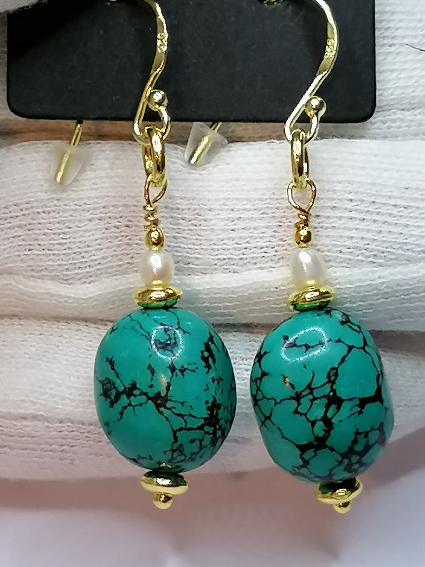 24ct Gold Vermeil 925 Sterling silver Turquoise and Cultured Freshwater Pearl earrings 877