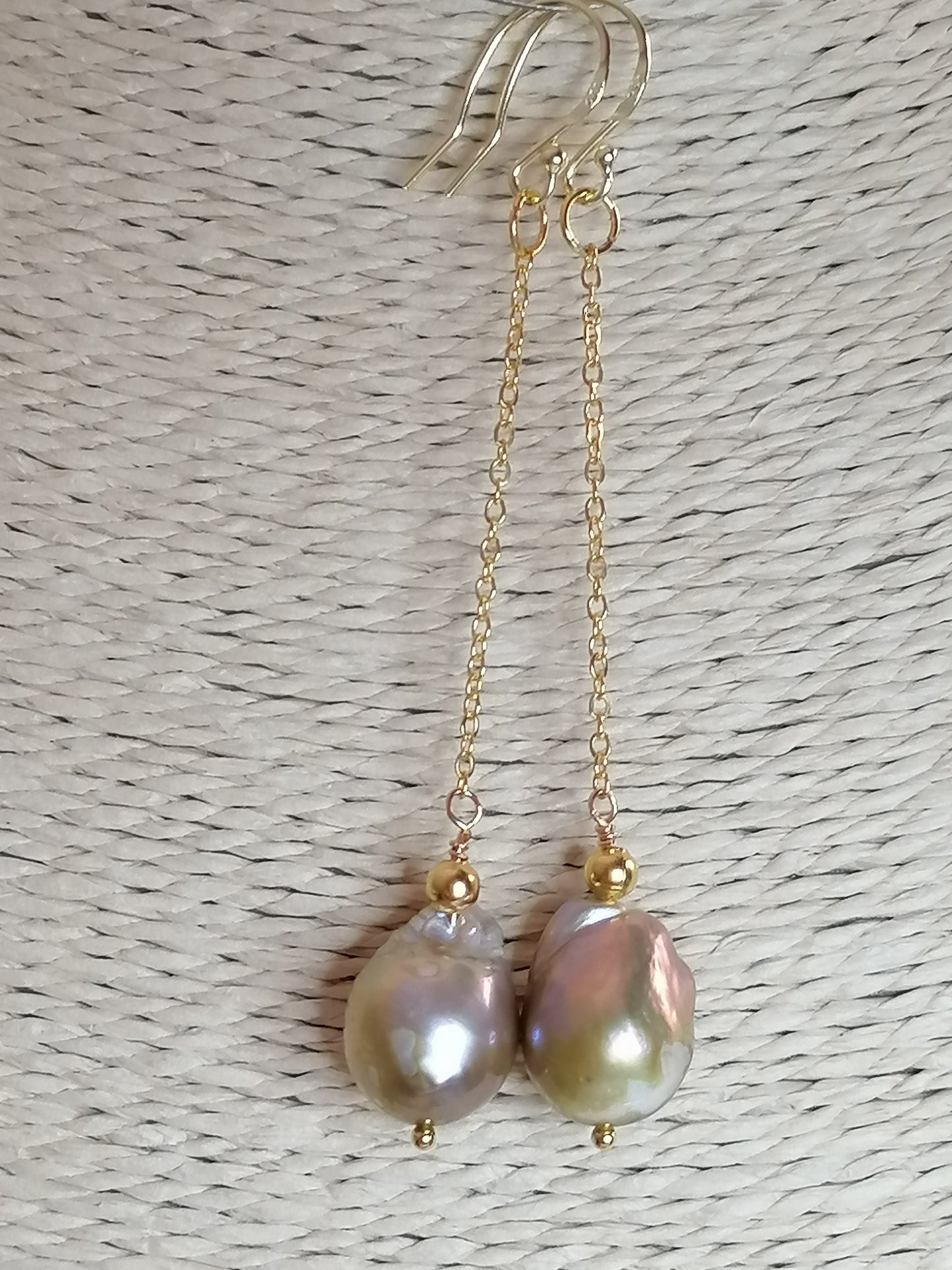 24ct Gold Vermeil 925 Sterling silver Cultured Freshwater Kasumi Pearl chain drop earrings 478