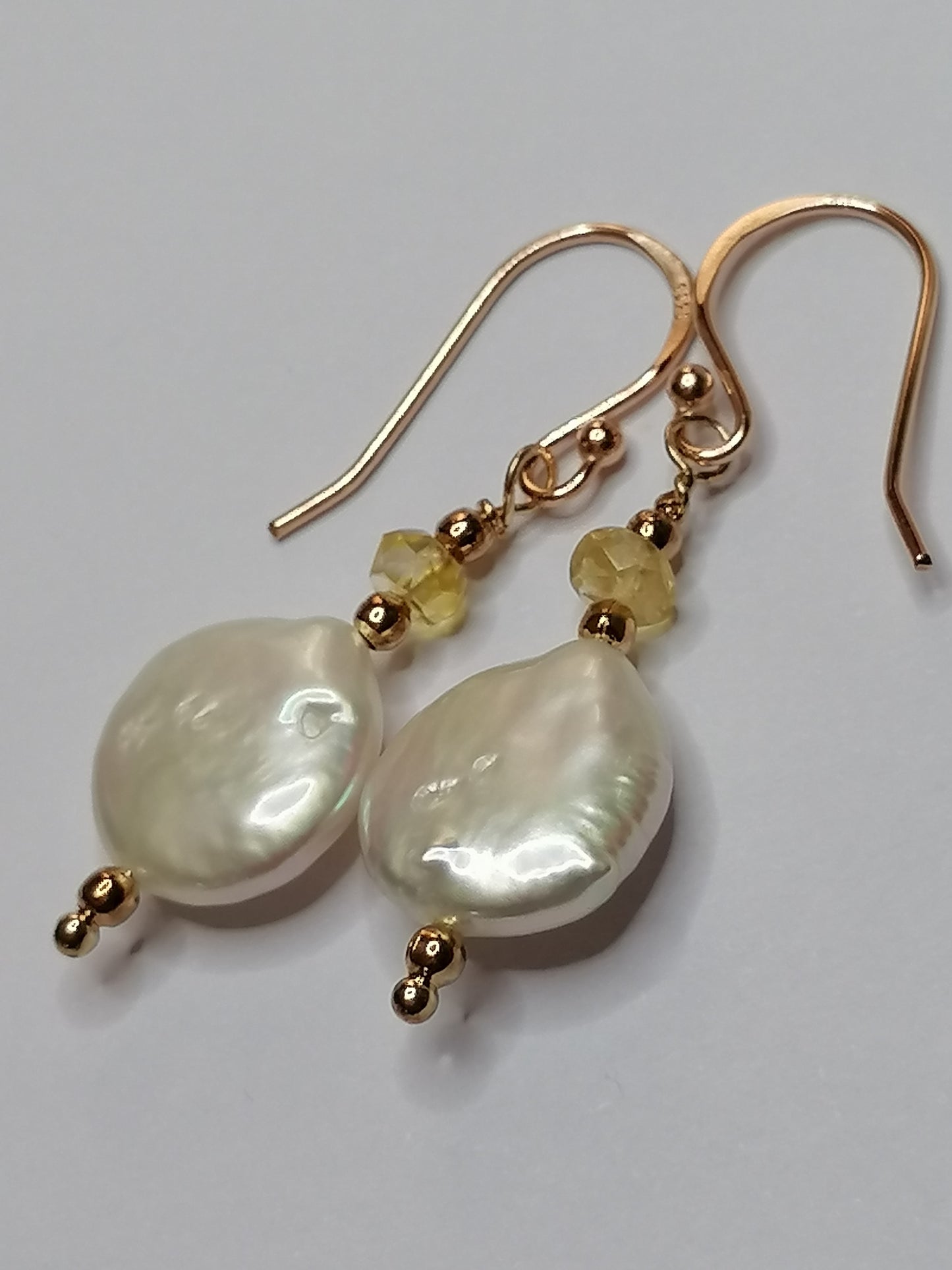 24ct Rose Gold Vermeil 925 Sterling silver Cultured Freshwater Coin Pearl Earrings with Citrine Gemstone 955