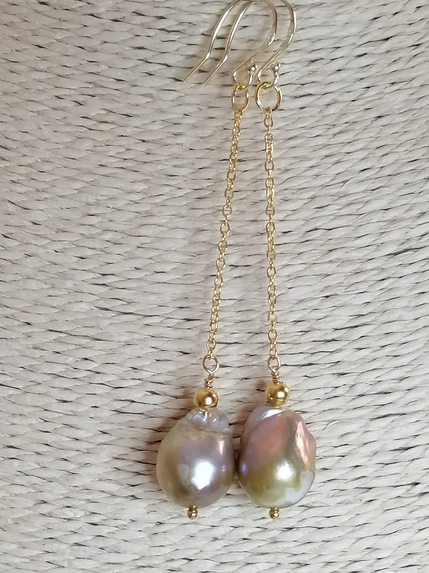 24ct Gold Vermeil 925 Sterling silver Cultured Freshwater Kasumi Pearl chain drop earrings 478