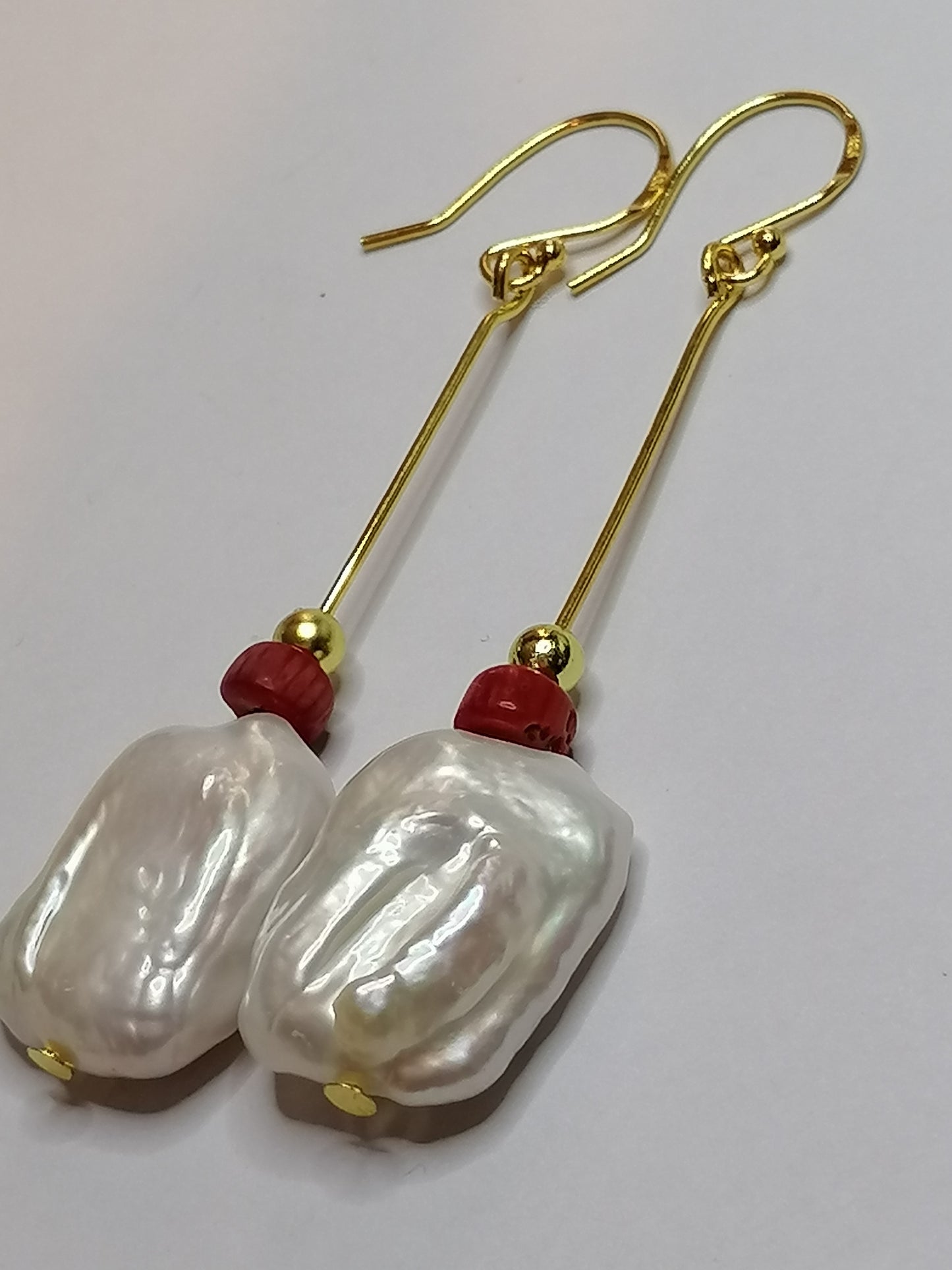 24ct Gold Vermeil 925 Sterling Silver Cultured Baroque Rectangle Pearl & Red Coral Earrings 888