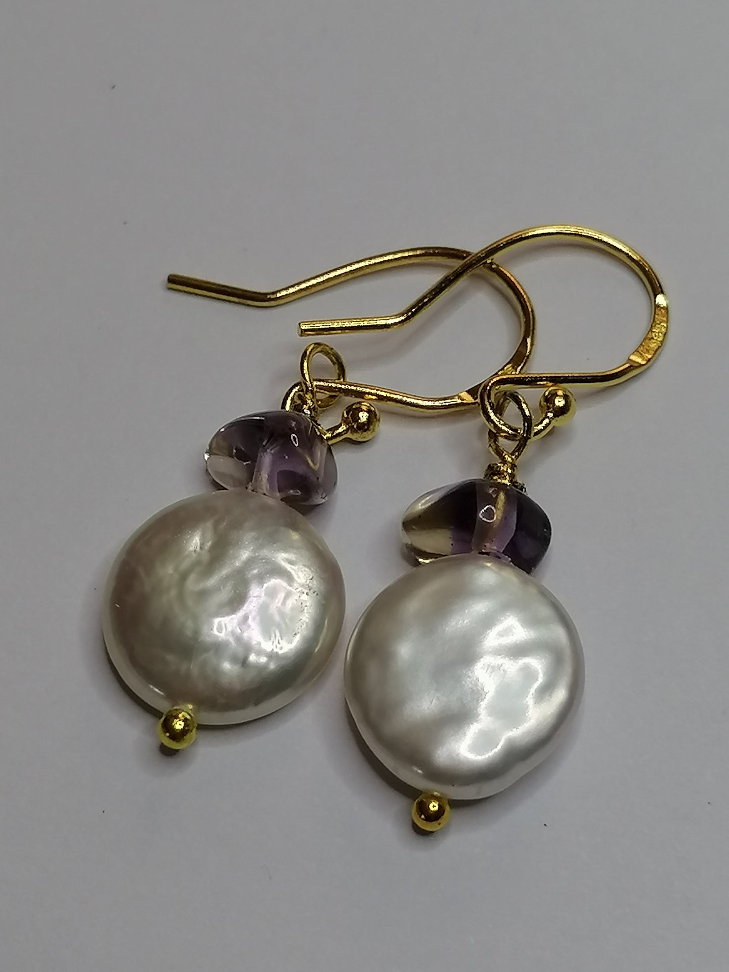 24ct Gold Vermeil 925 Sterling silver Cultured Freshwater Coin Pearl Earrings Rose De France Amethyst 418