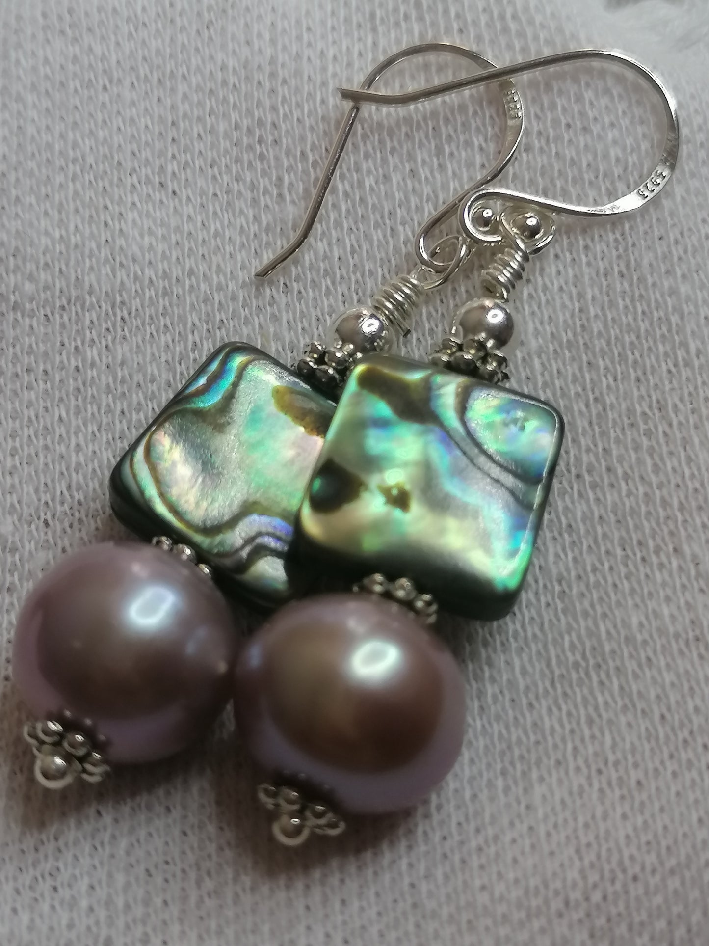 925 Sterling Silver Cultured Edison Pearl & Abalone Paua Shell Earrings 930