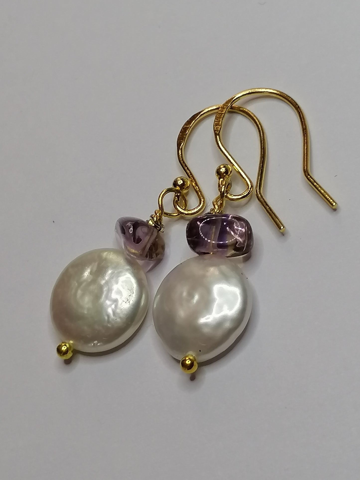 24ct Gold Vermeil 925 Sterling silver Cultured Freshwater Coin Pearl Earrings Rose De France Amethyst 418