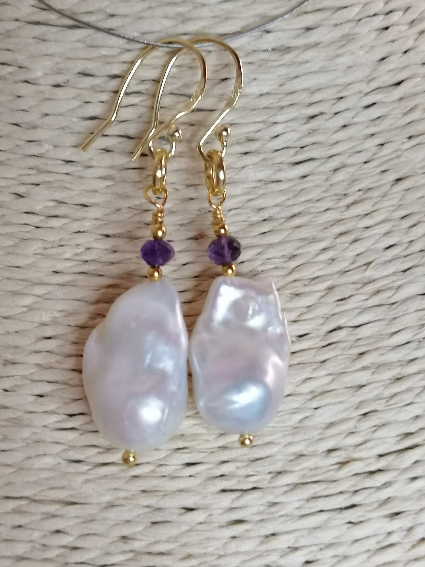 24ct Gold Vermeil 925 Sterling Silver Cultured Freshwater Pearl Earrings Baroque Flameball with Amethyst 828