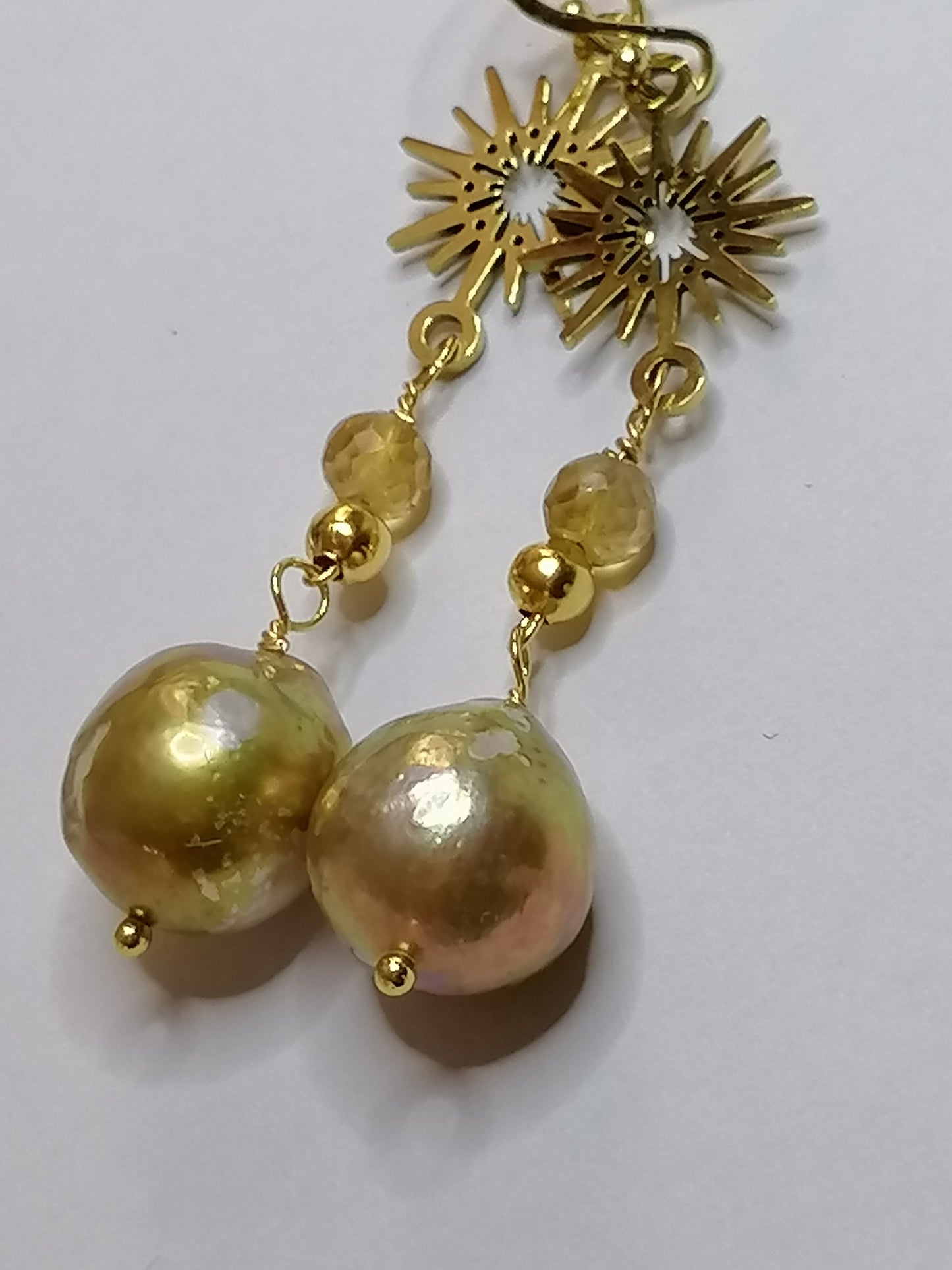 24ct Gold Vermeil 925 Sterling silver Cultured Freshwater Kasumi Pearl earrings Sunburst with Citrine 893