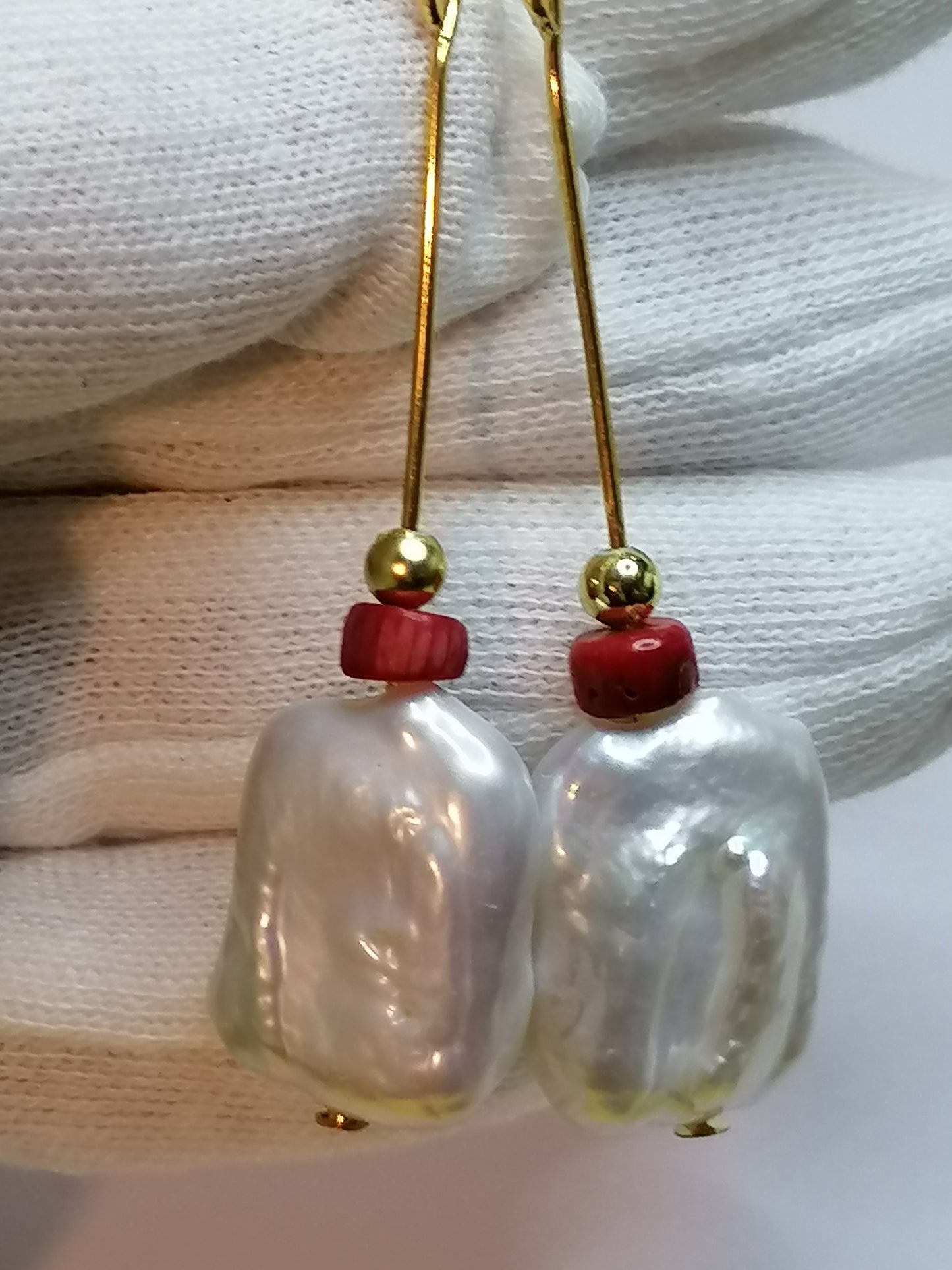 24ct Gold Vermeil 925 Sterling Silver Cultured Baroque Rectangle Pearl & Red Coral Earrings 888