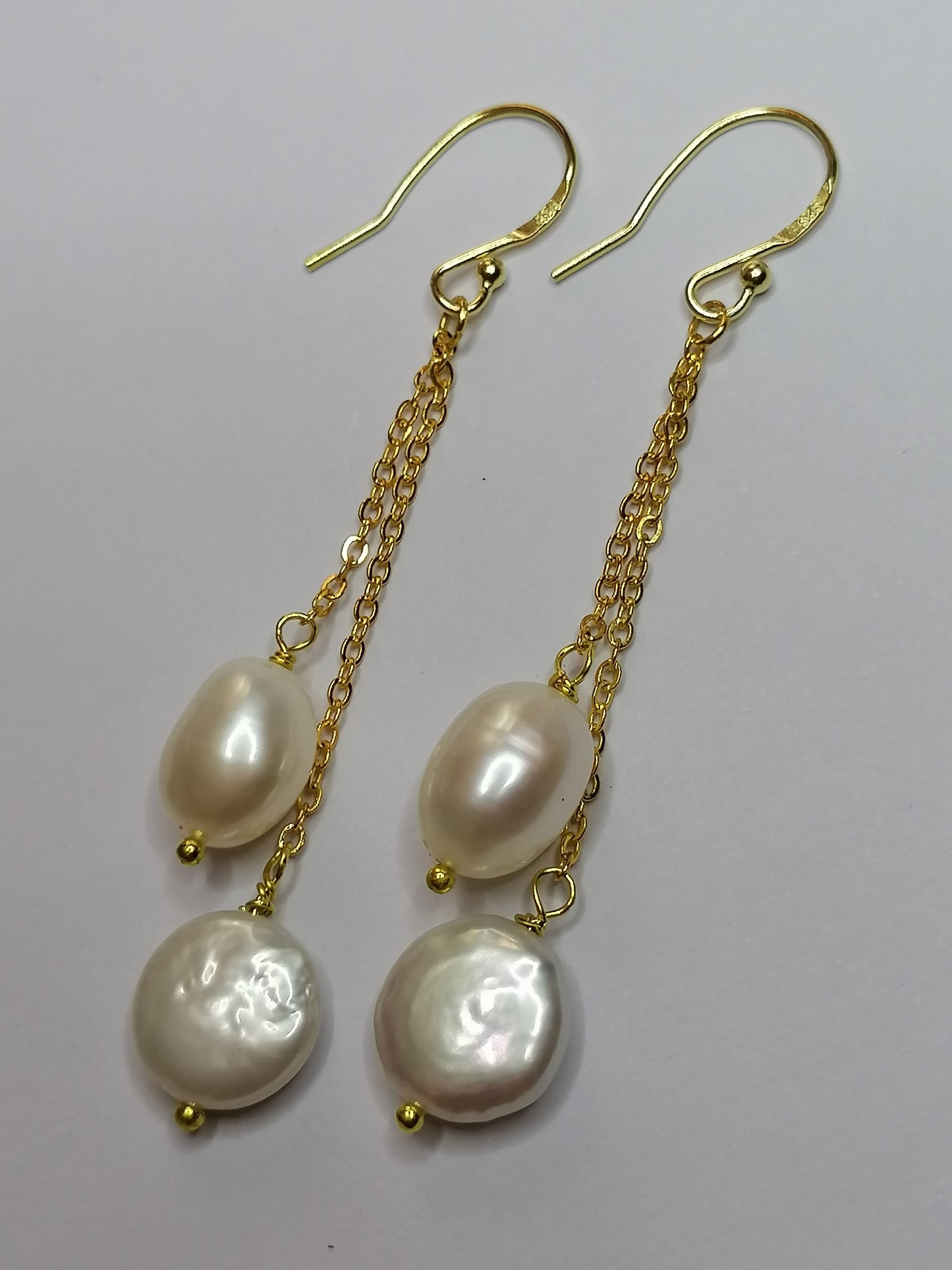 24ct Gold Vermeil 925 Sterling silver Cultured Freshwater Coin Pearl Earrings chain drop 879