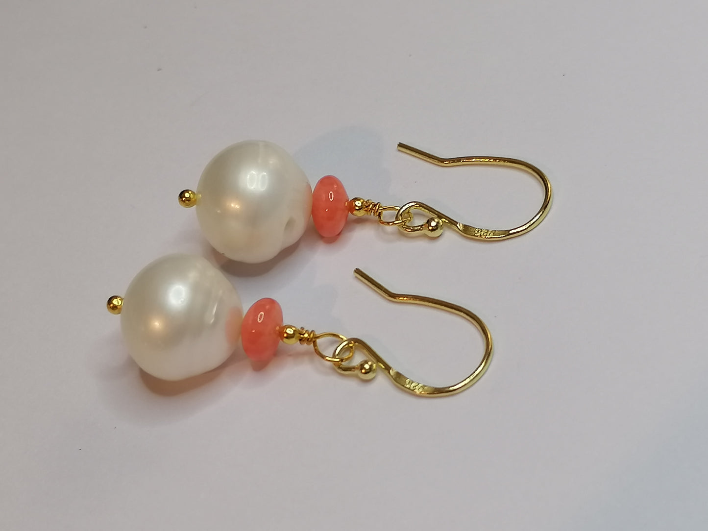 24ct Gold Vermeil 925 Sterling silver Cultured Freshwater Baroque Pearl Earrings with Pink Coral 950