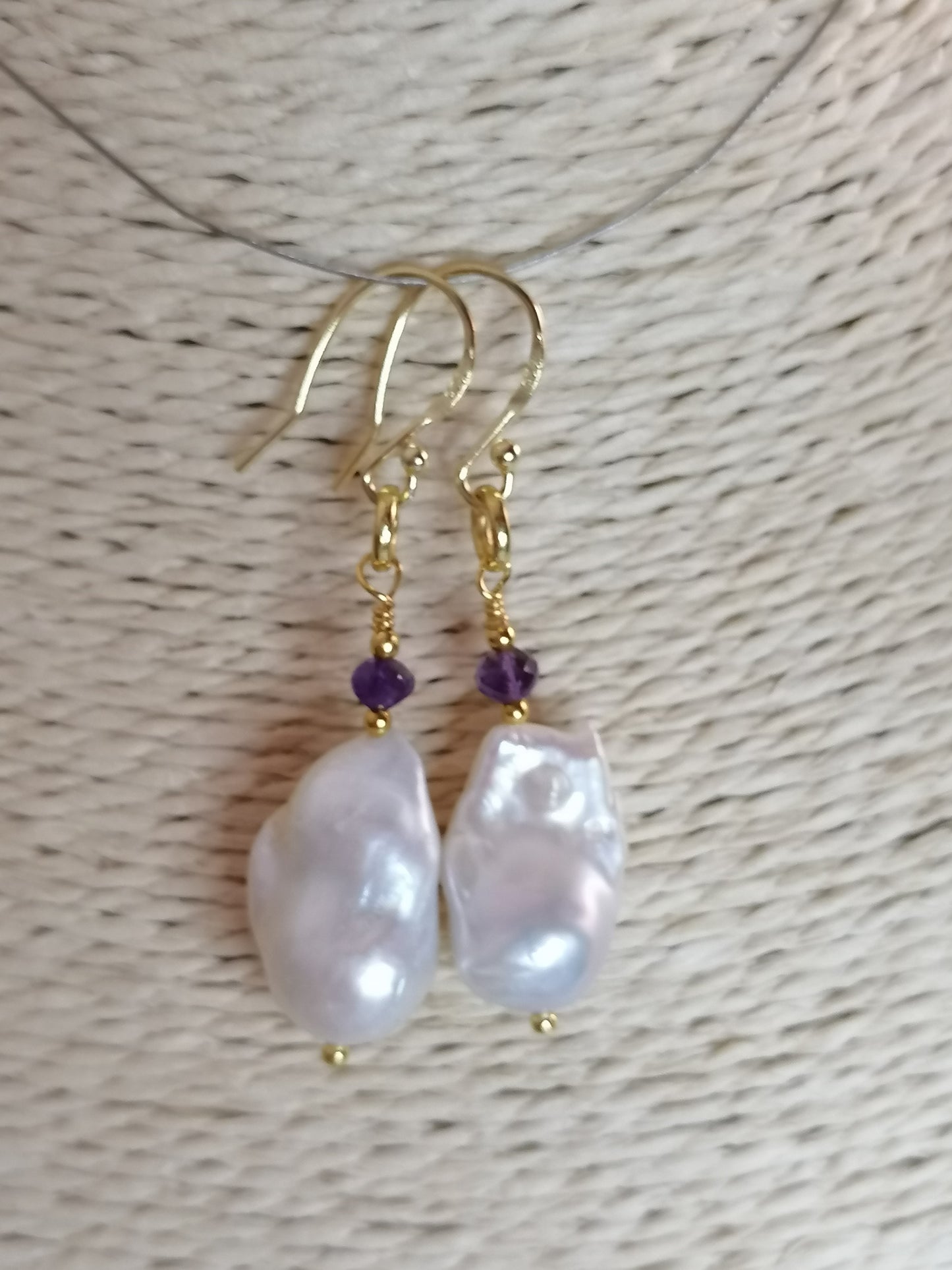 24ct Gold Vermeil 925 Sterling Silver Cultured Freshwater Pearl Earrings Baroque Flameball with Amethyst 828