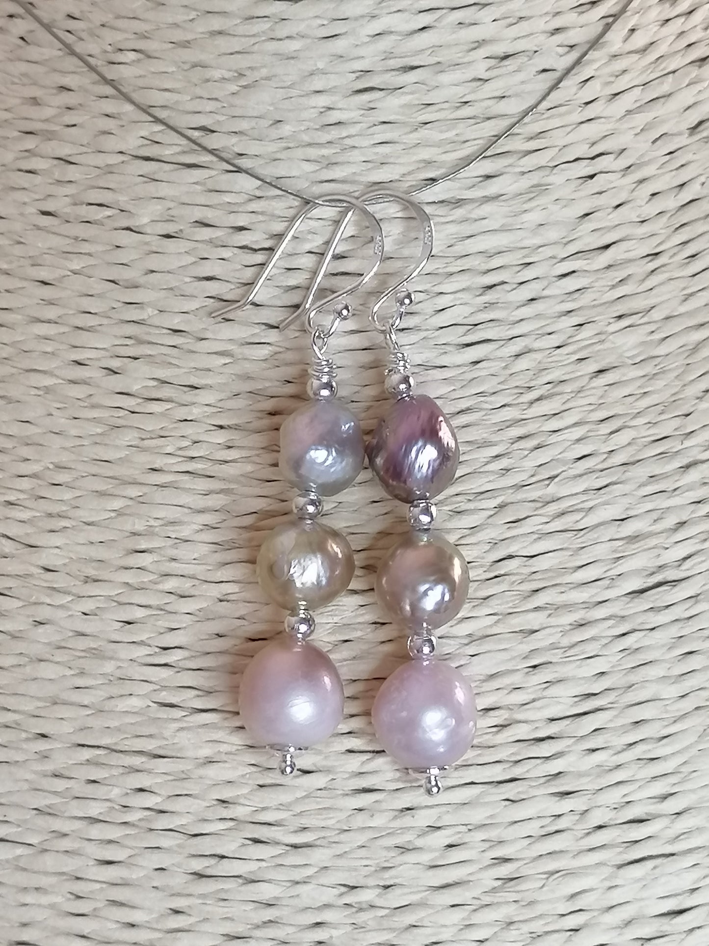 925 Sterling Silver Stacked Cultured Freshwater Kasumi Pearl Drop Earrings 924