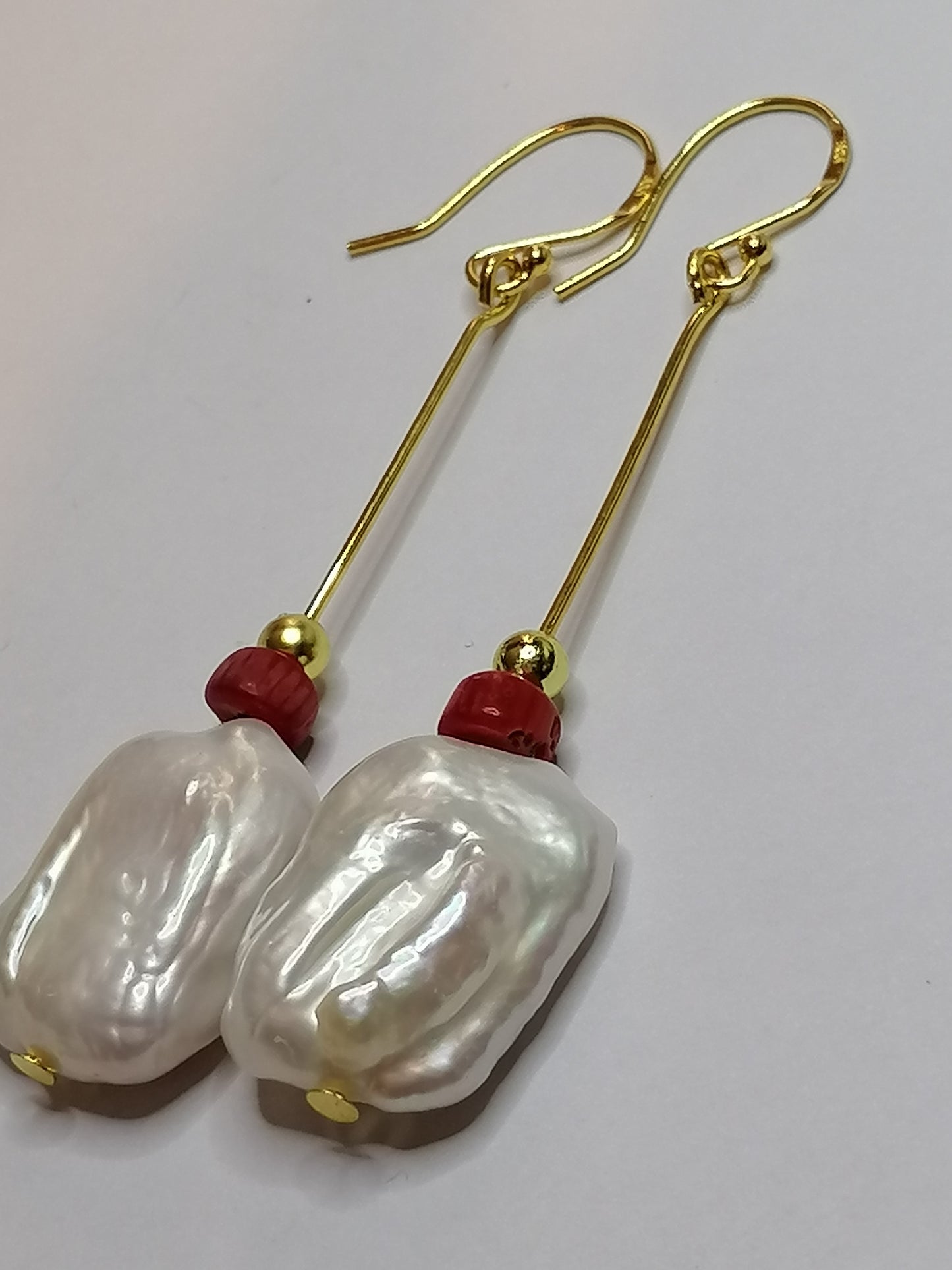 24ct Gold Vermeil 925 Sterling Silver Cultured Baroque Rectangle Pearl & Red Coral Earrings 888