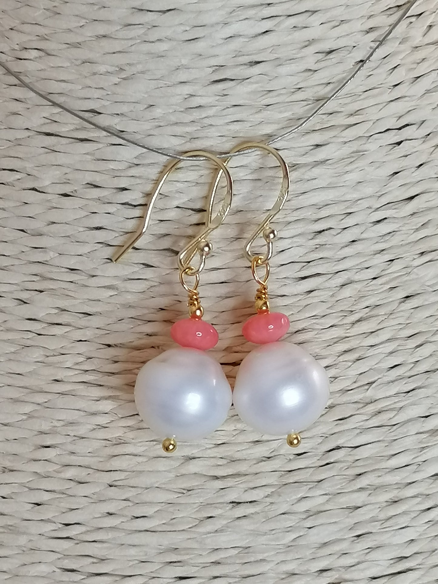 24ct Gold Vermeil 925 Sterling silver Cultured Freshwater Baroque Pearl Earrings with Pink Coral 950