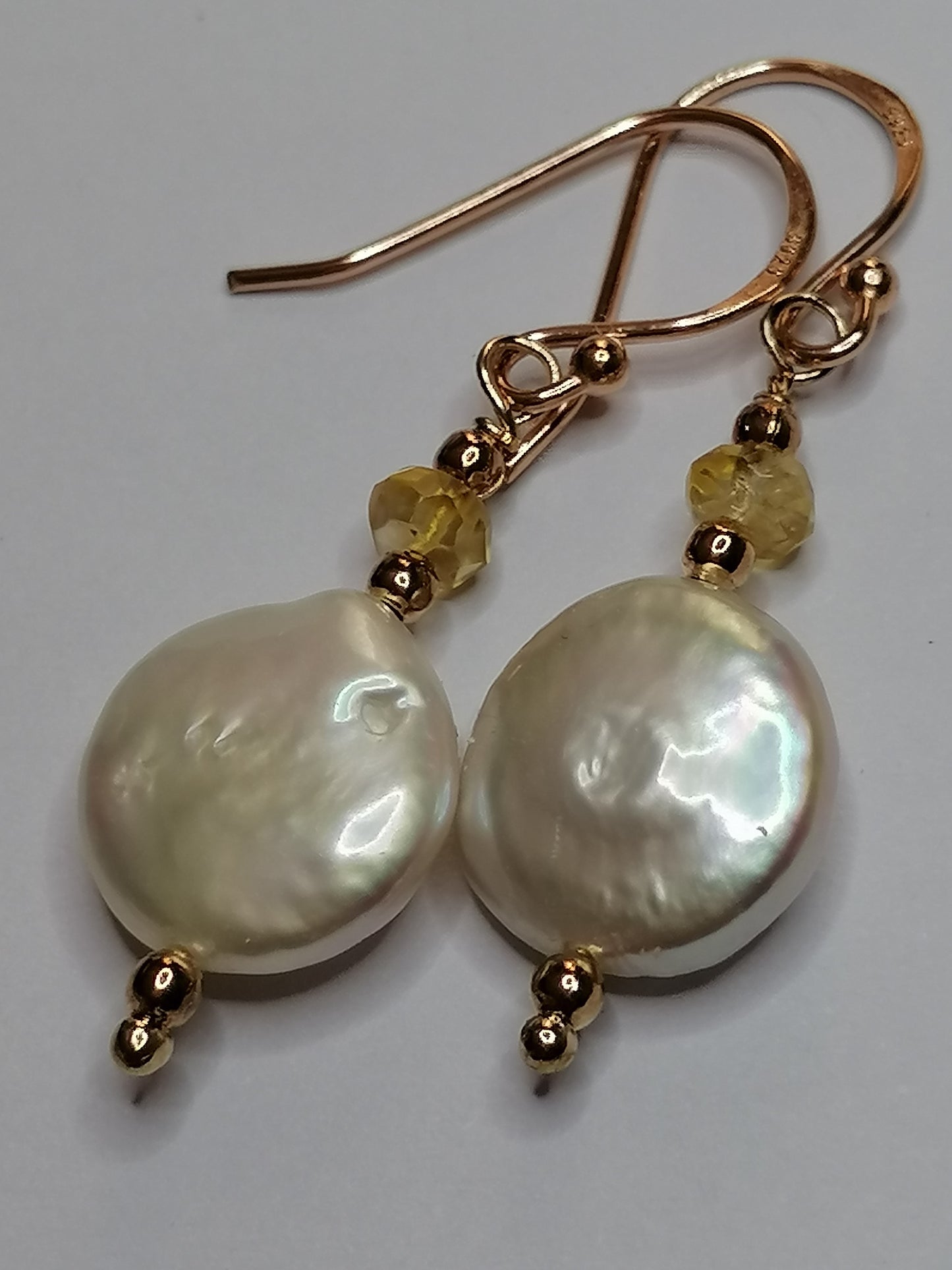 24ct Rose Gold Vermeil 925 Sterling silver Cultured Freshwater Coin Pearl Earrings with Citrine Gemstone 955