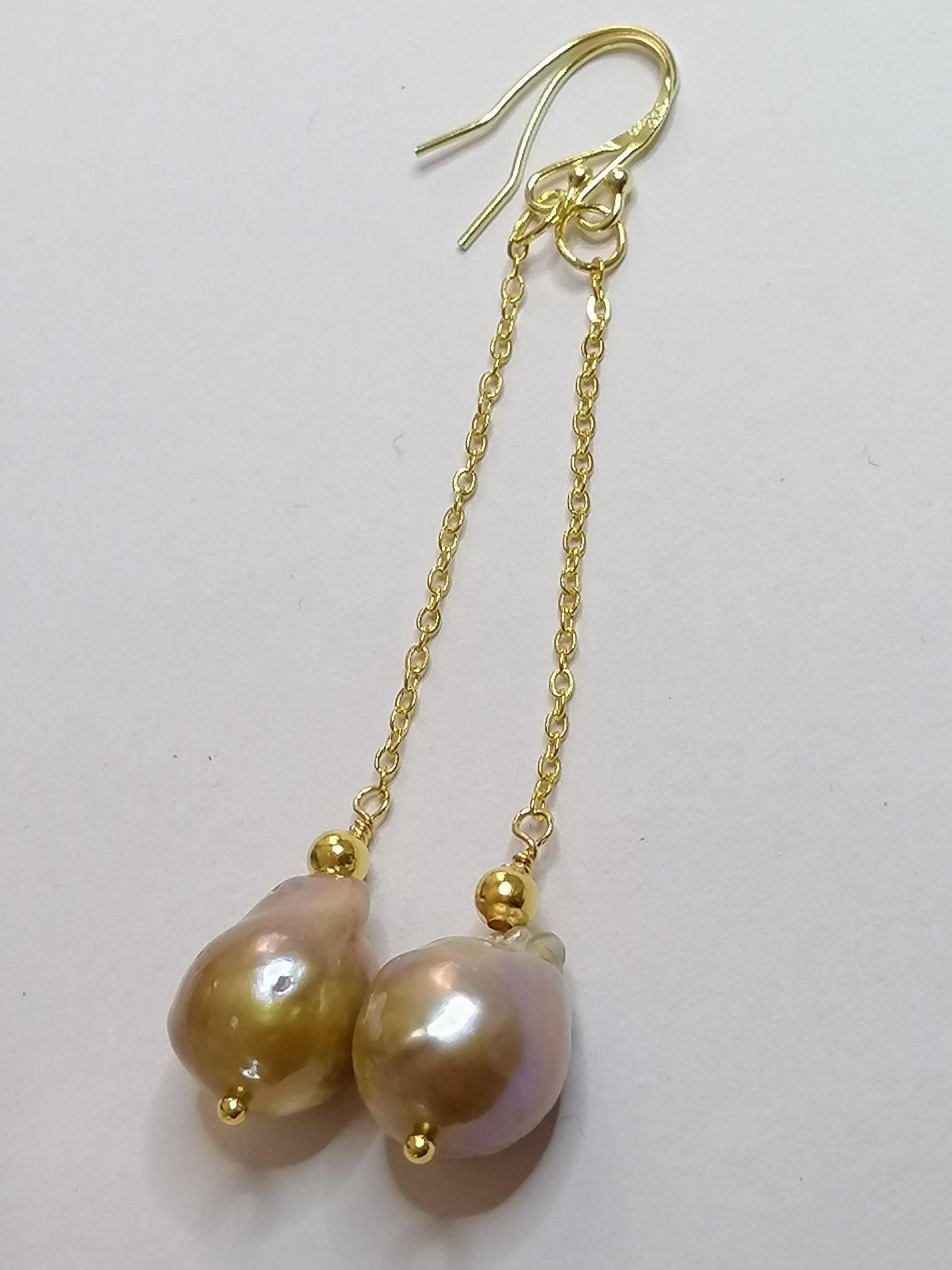 24ct Gold Vermeil 925 Sterling silver Cultured Freshwater Kasumi Pearl chain drop earrings 478