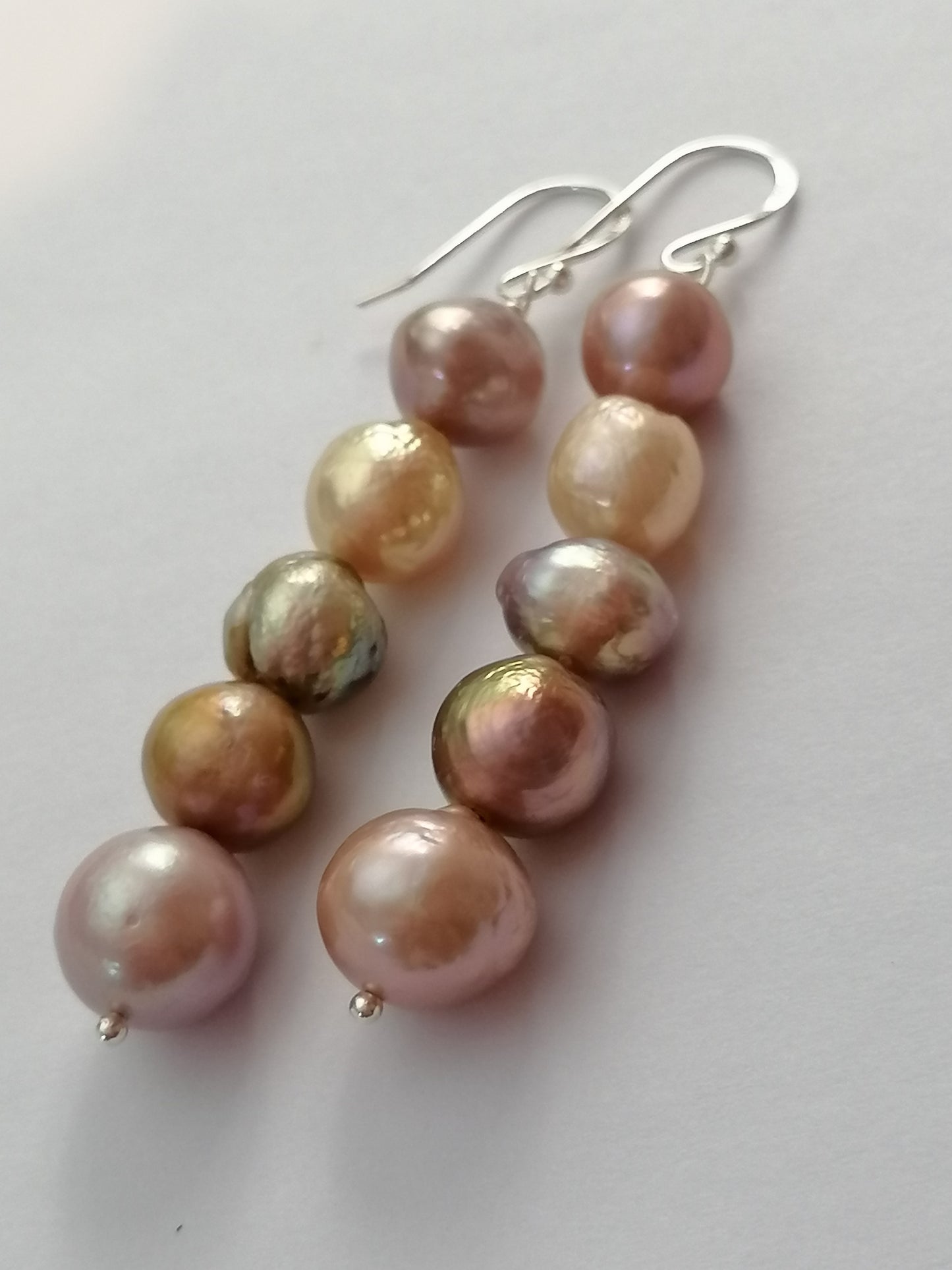 925 Sterling Silver Stacked Cultured Freshwater Kasumi Pearl Drop Earrings 910