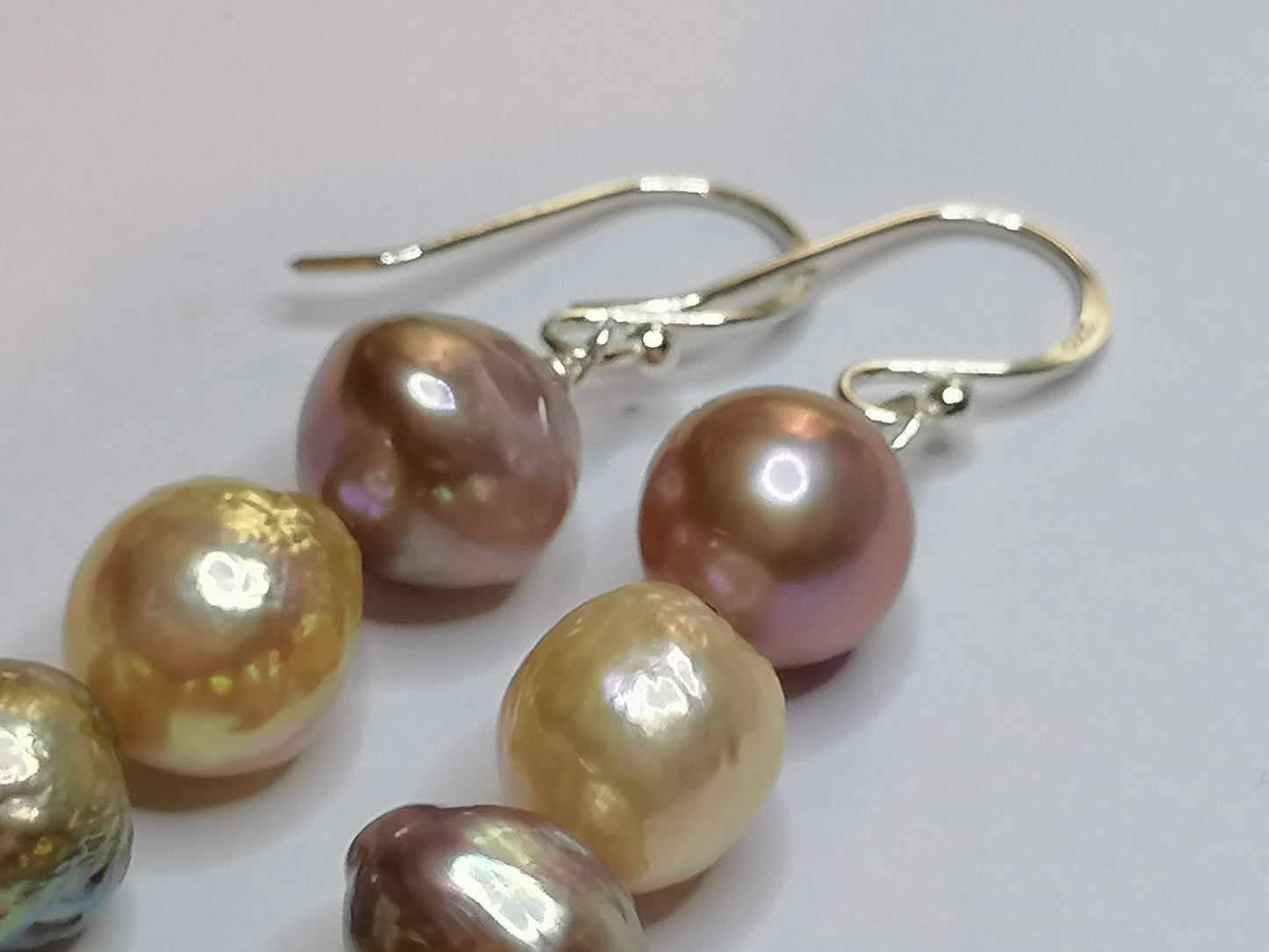 925 Sterling Silver Stacked Cultured Freshwater Kasumi Pearl Drop Earrings 910