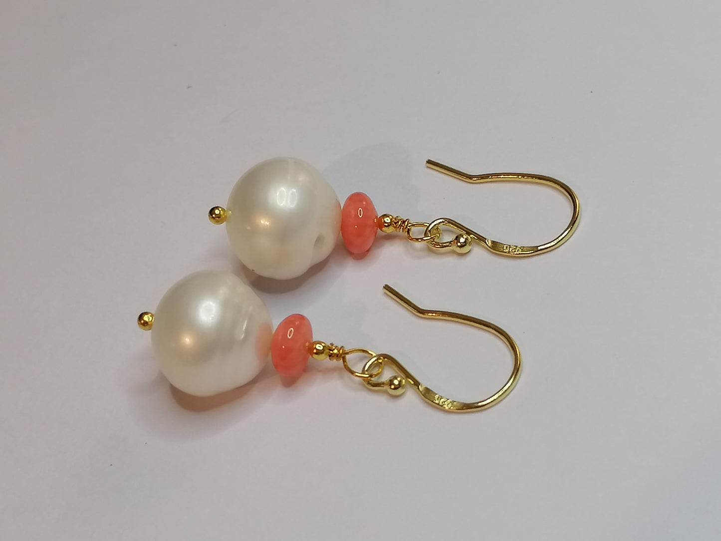 24ct Gold Vermeil 925 Sterling silver Cultured Freshwater Baroque Pearl Earrings with Pink Coral 950