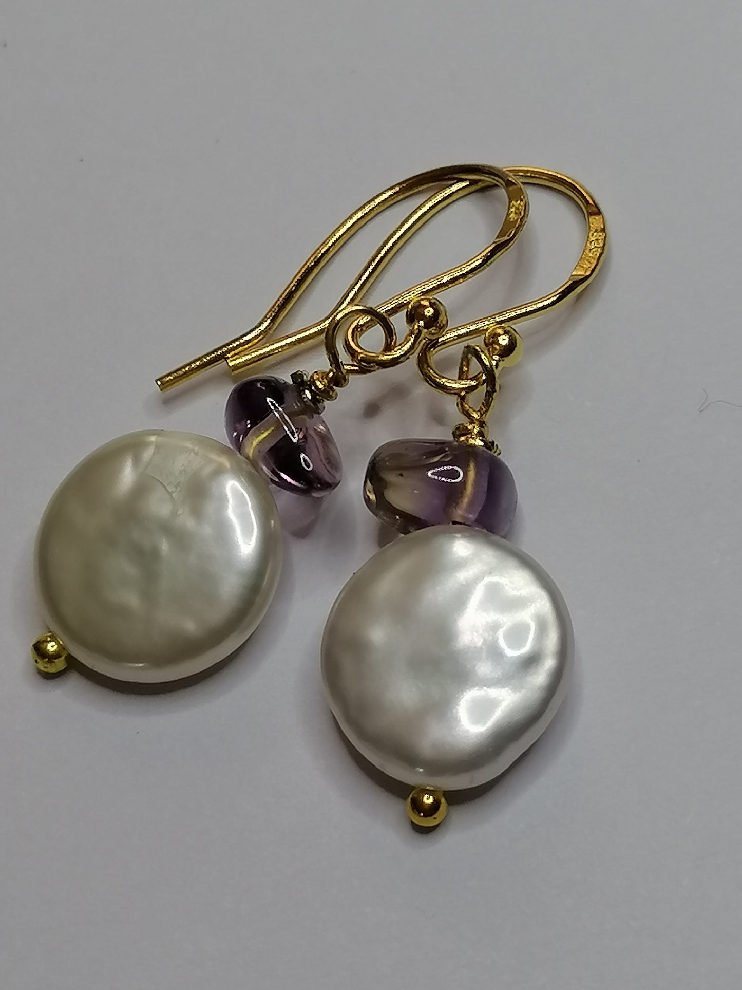 24ct Gold Vermeil 925 Sterling silver Cultured Freshwater Coin Pearl Earrings Rose De France Amethyst 418