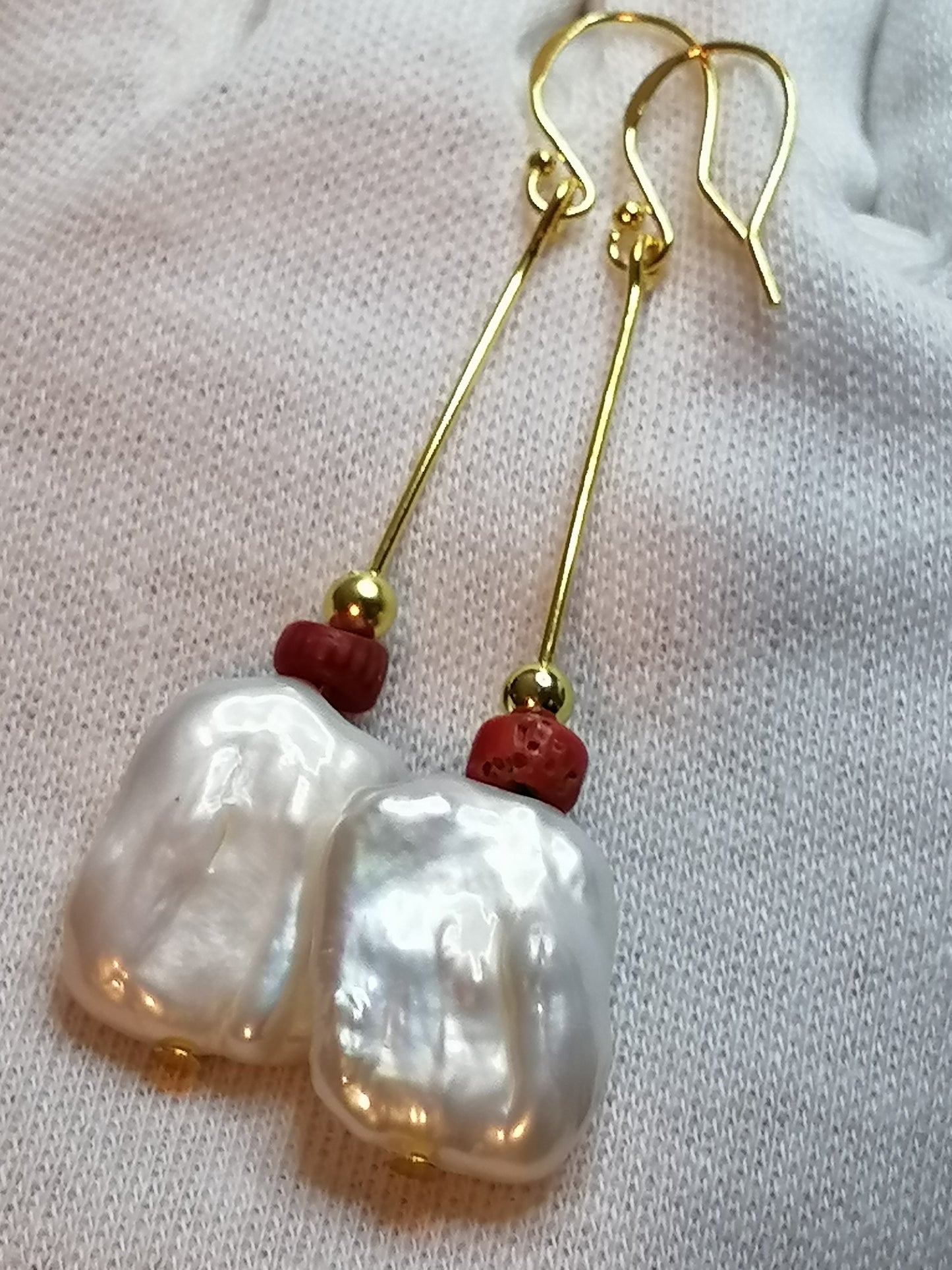 24ct Gold Vermeil 925 Sterling Silver Cultured Baroque Rectangle Pearl & Red Coral Earrings 888