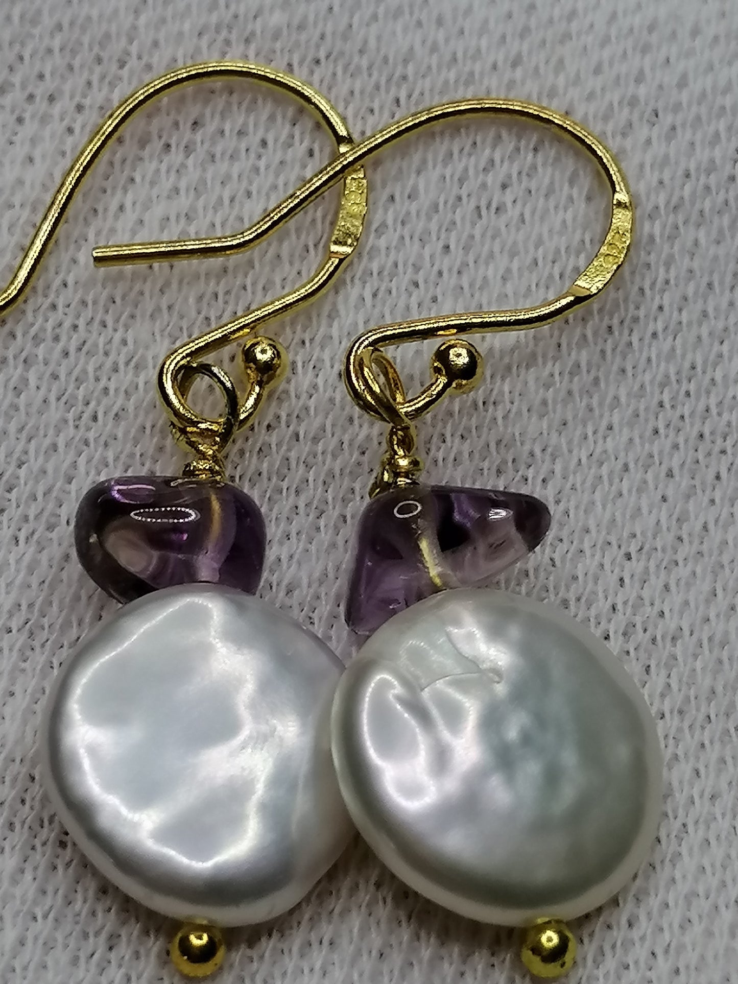 24ct Gold Vermeil 925 Sterling silver Cultured Freshwater Coin Pearl Earrings Rose De France Amethyst 418