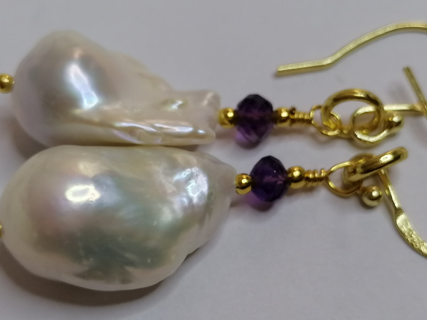 24ct Gold Vermeil 925 Sterling Silver Cultured Freshwater Pearl Earrings Baroque Flameball with Amethyst 828