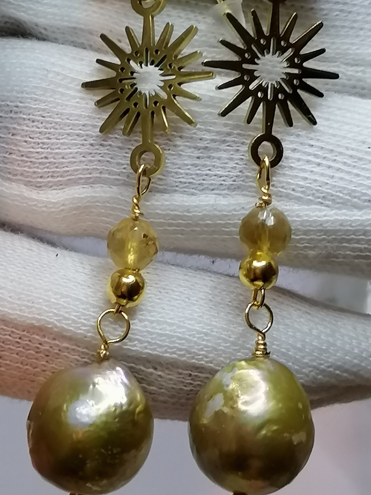 24ct Gold Vermeil 925 Sterling silver Cultured Freshwater Kasumi Pearl earrings Sunburst with Citrine 893