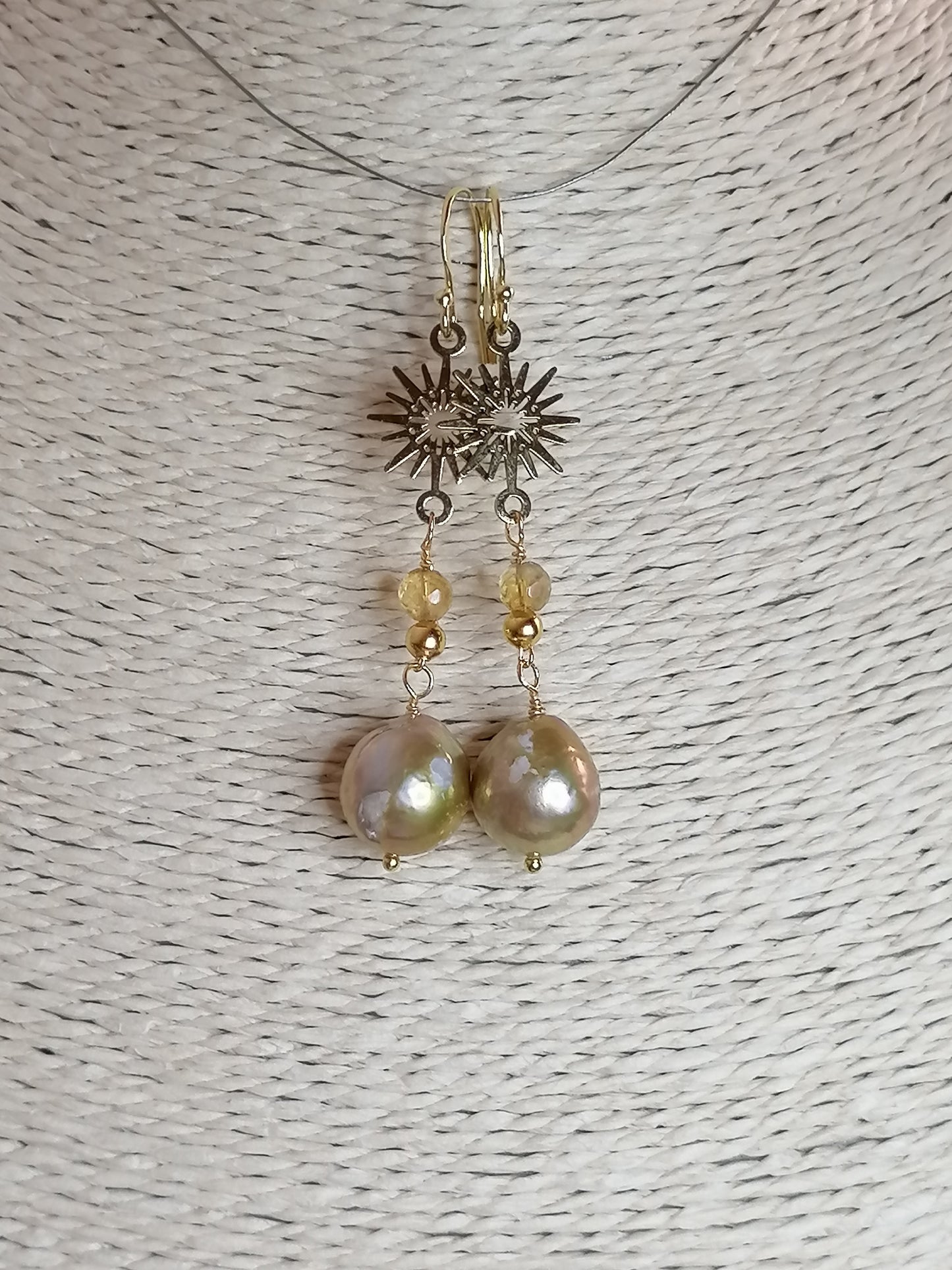 24ct Gold Vermeil 925 Sterling silver Cultured Freshwater Kasumi Pearl earrings Sunburst with Citrine 893