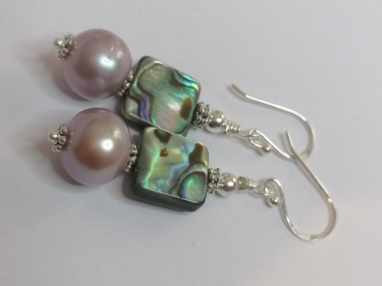 925 Sterling Silver Cultured Edison Pearl & Abalone Paua Shell Earrings 930