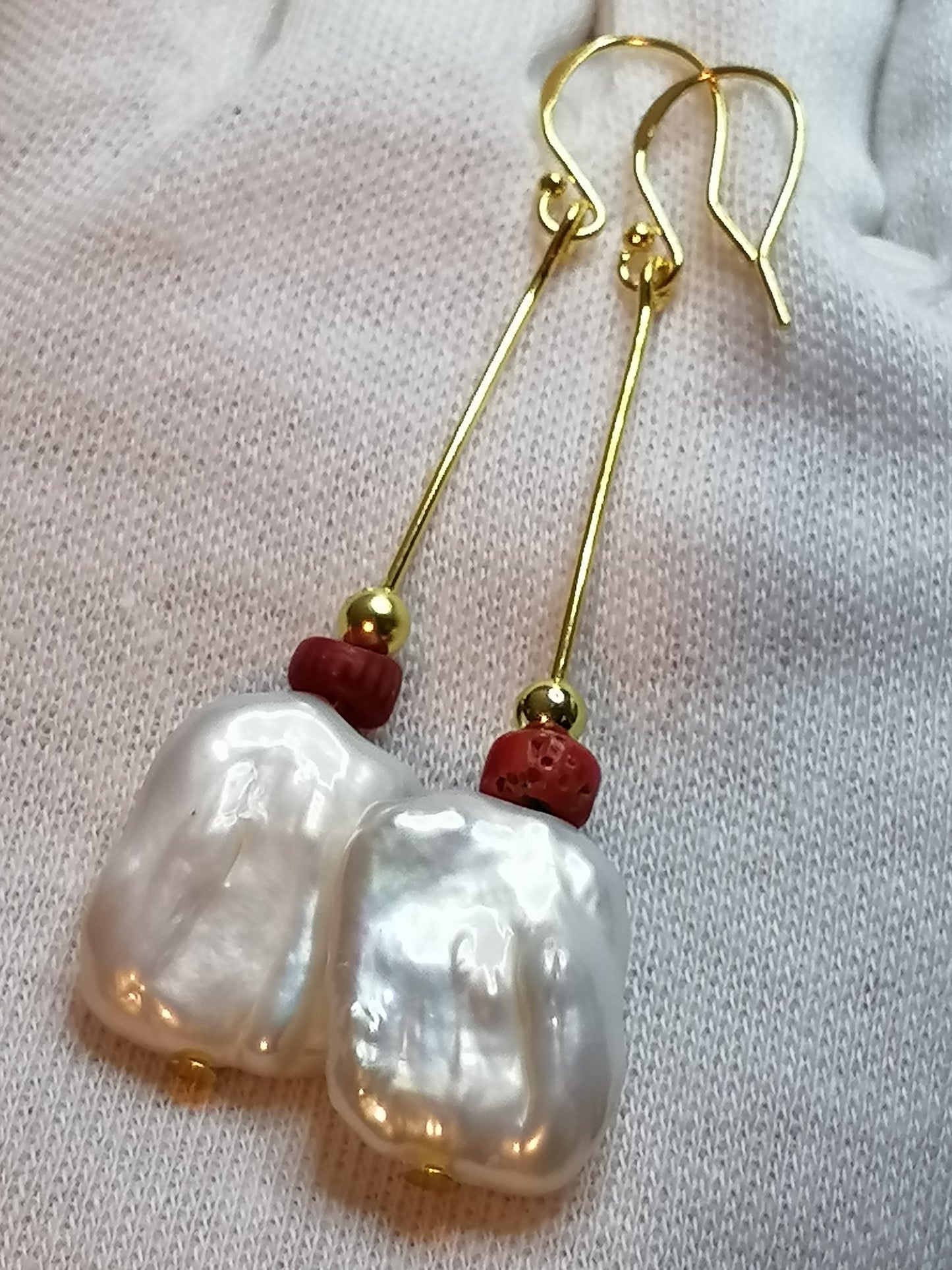 24ct Gold Vermeil 925 Sterling Silver Cultured Baroque Rectangle Pearl & Red Coral Earrings 888