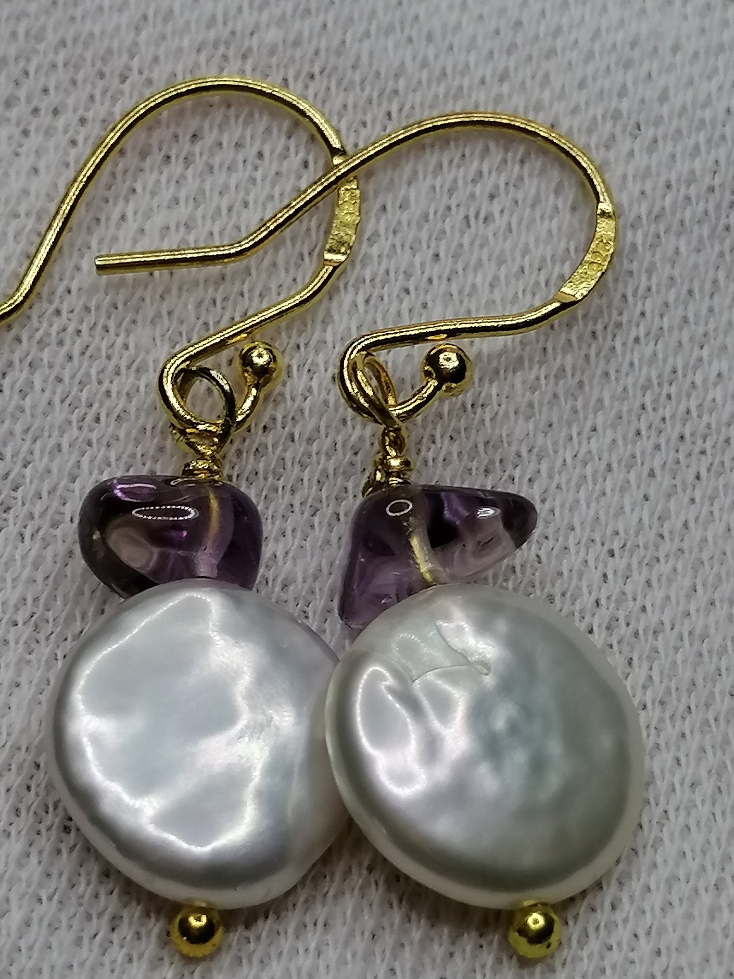 24ct Gold Vermeil 925 Sterling silver Cultured Freshwater Coin Pearl Earrings Rose De France Amethyst 418