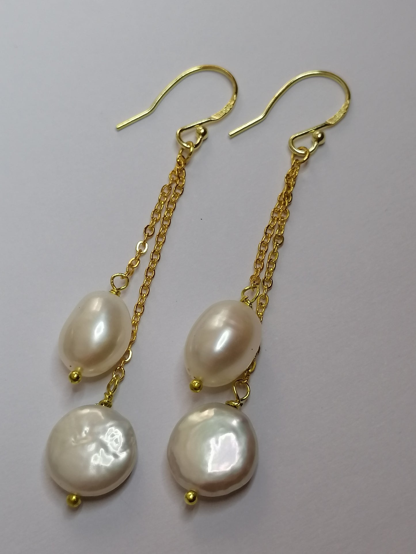 24ct Gold Vermeil 925 Sterling silver Cultured Freshwater Coin Pearl Earrings chain drop 879