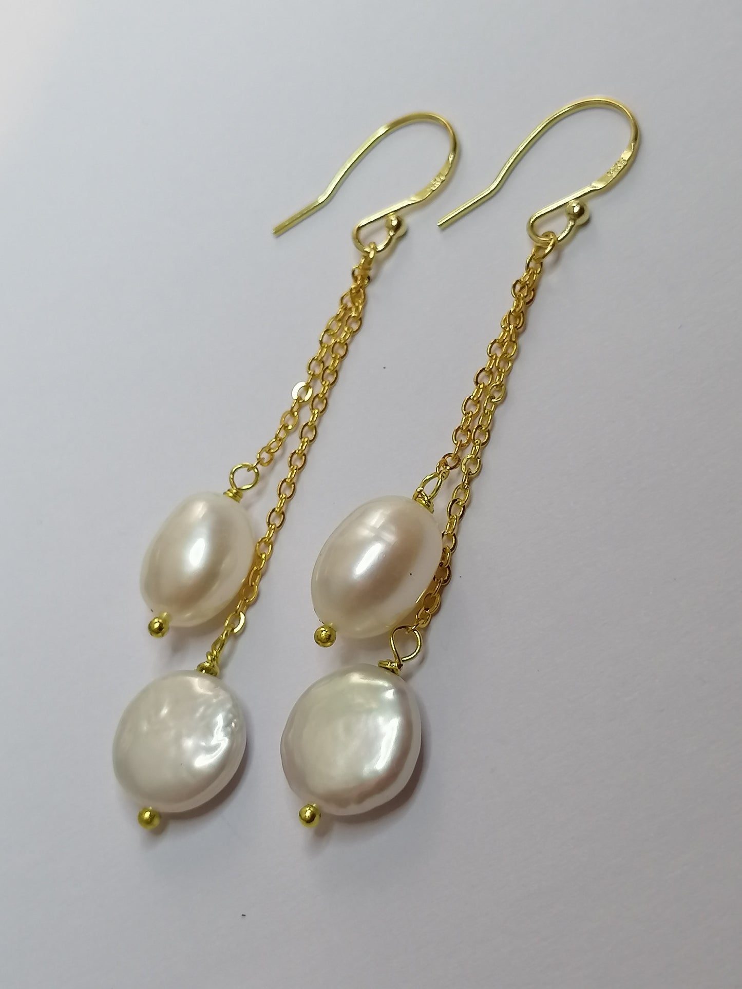 24ct Gold Vermeil 925 Sterling silver Cultured Freshwater Coin Pearl Earrings chain drop 879