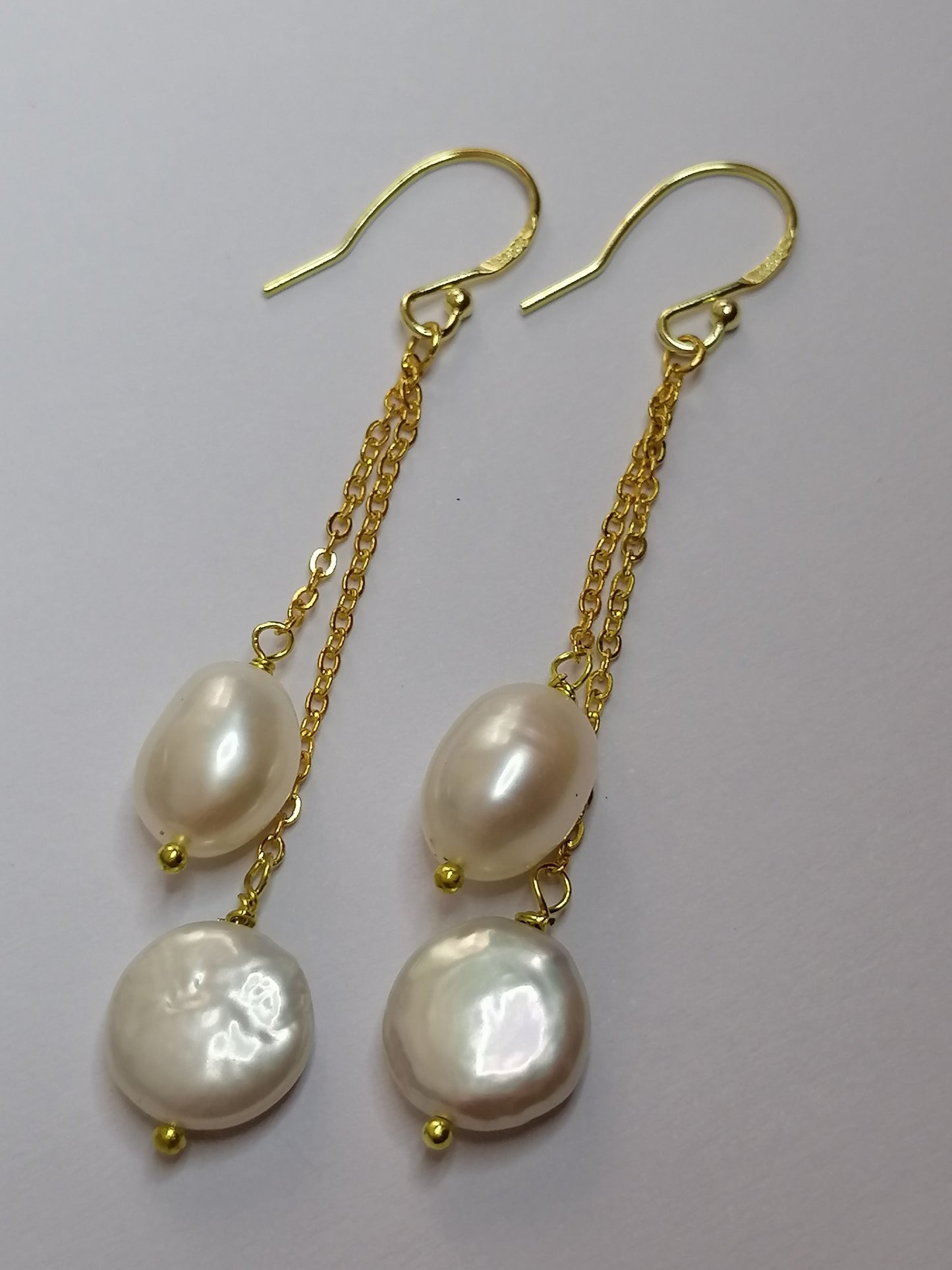 24ct Gold Vermeil 925 Sterling silver Cultured Freshwater Coin Pearl Earrings chain drop 879