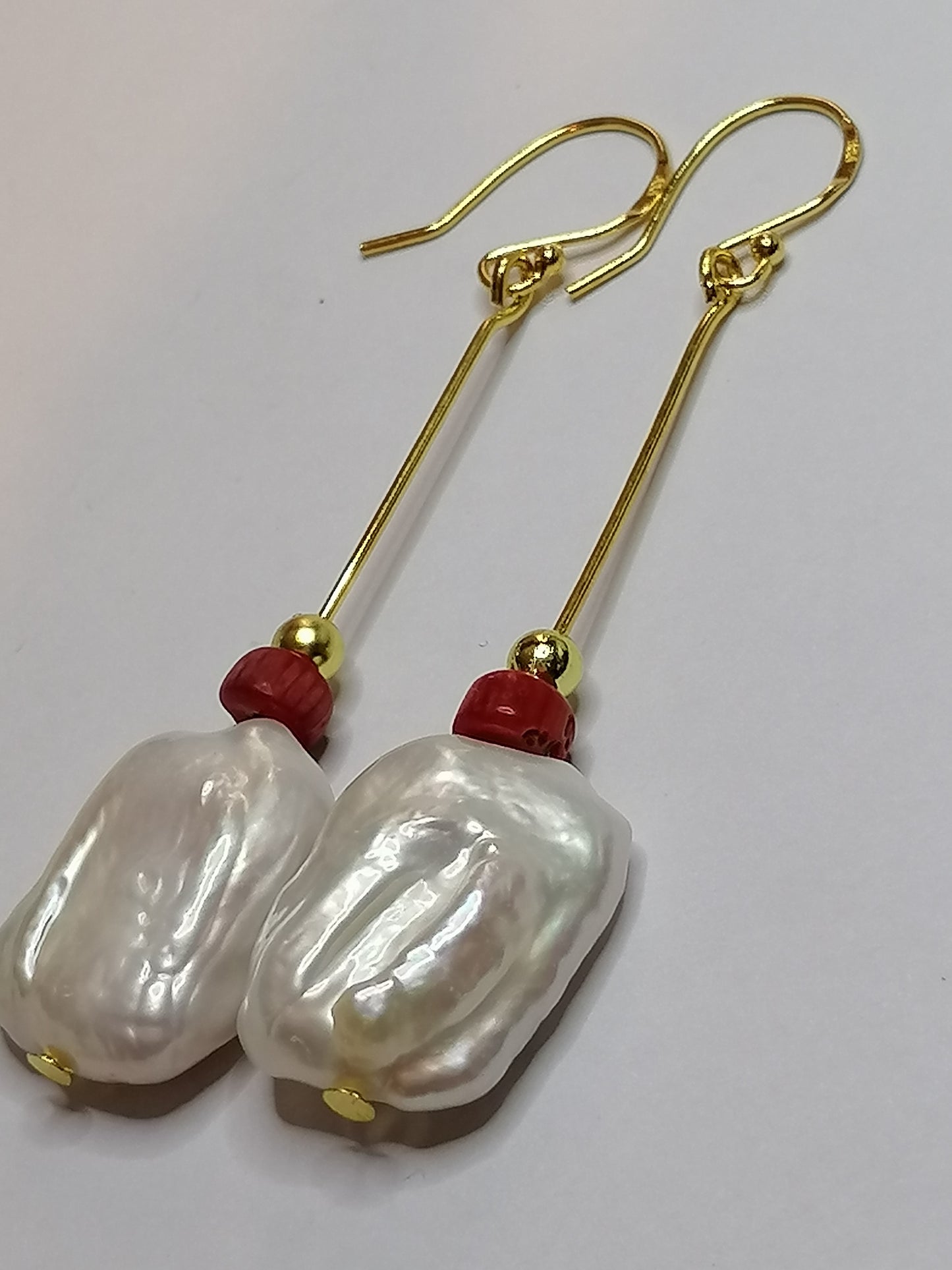 24ct Gold Vermeil 925 Sterling Silver Cultured Baroque Rectangle Pearl & Red Coral Earrings 888