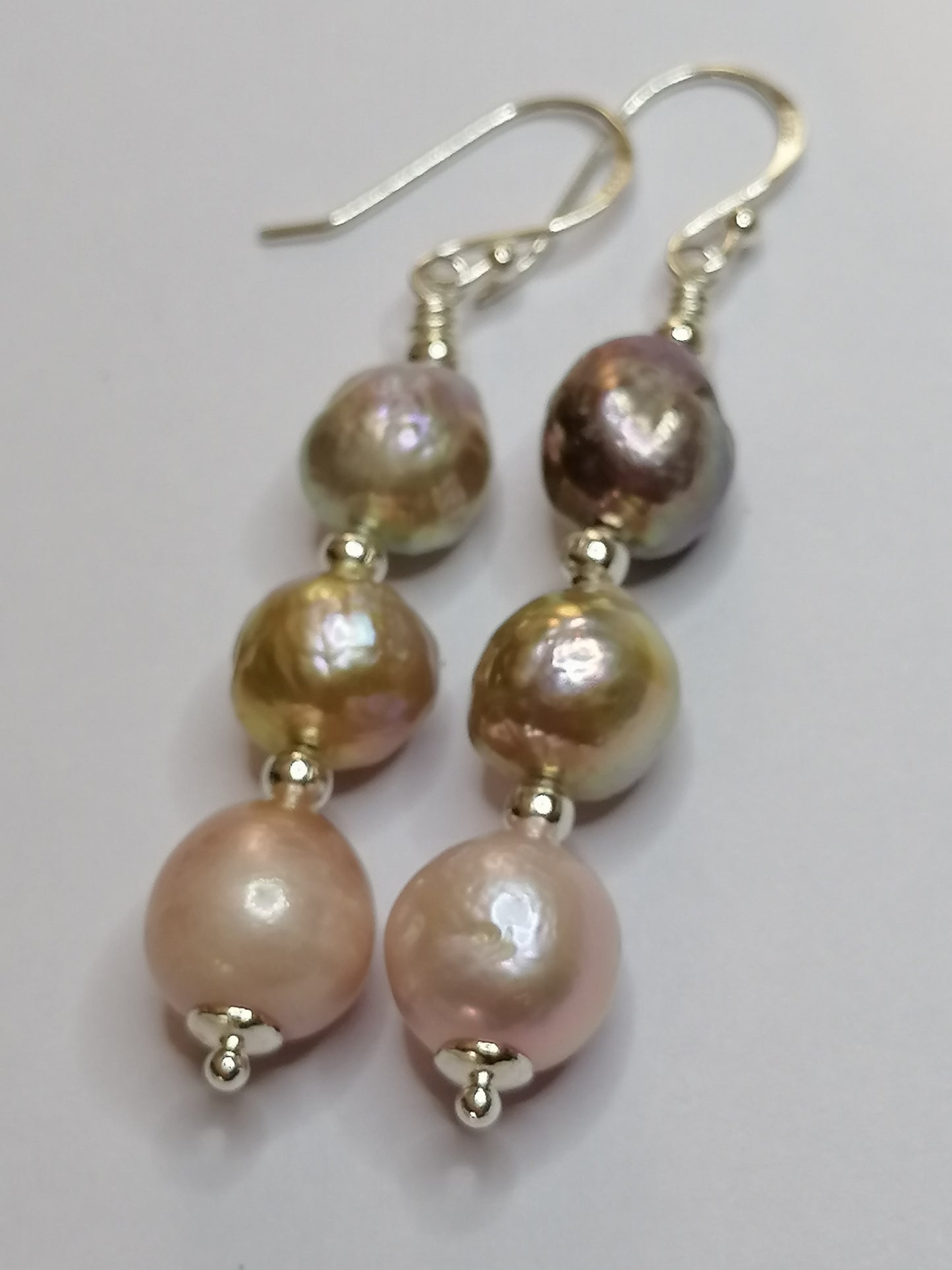 925 Sterling Silver Stacked Cultured Freshwater Kasumi Pearl Drop Earrings 924