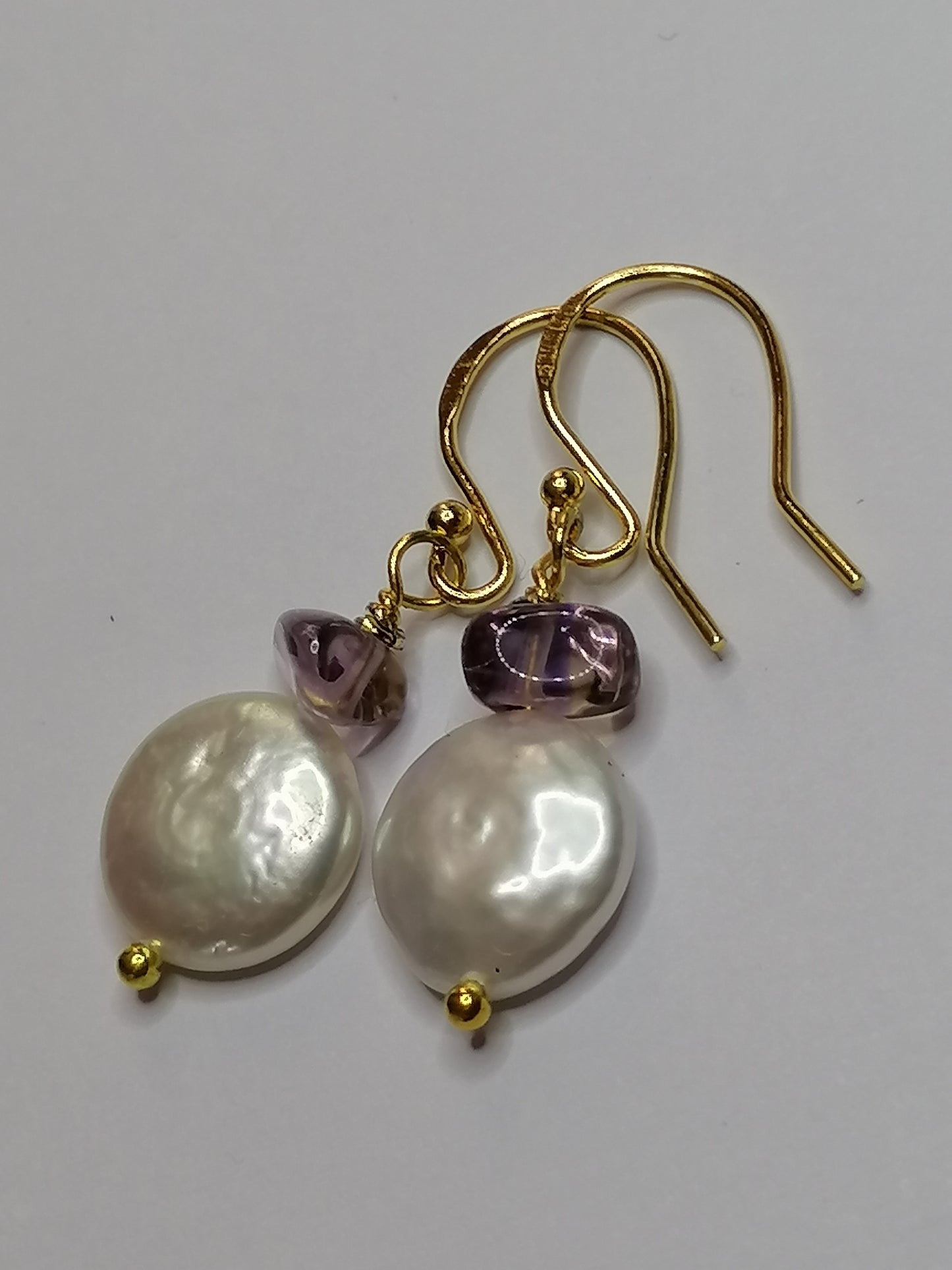 24ct Gold Vermeil 925 Sterling silver Cultured Freshwater Coin Pearl Earrings Rose De France Amethyst 418