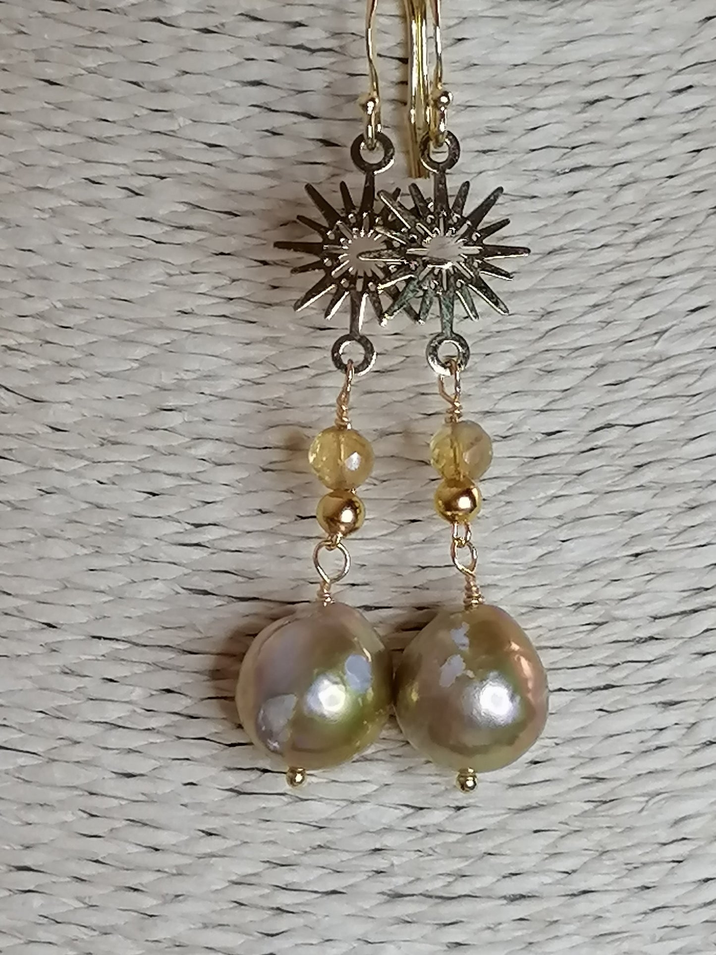 24ct Gold Vermeil 925 Sterling silver Cultured Freshwater Kasumi Pearl earrings Sunburst with Citrine 893