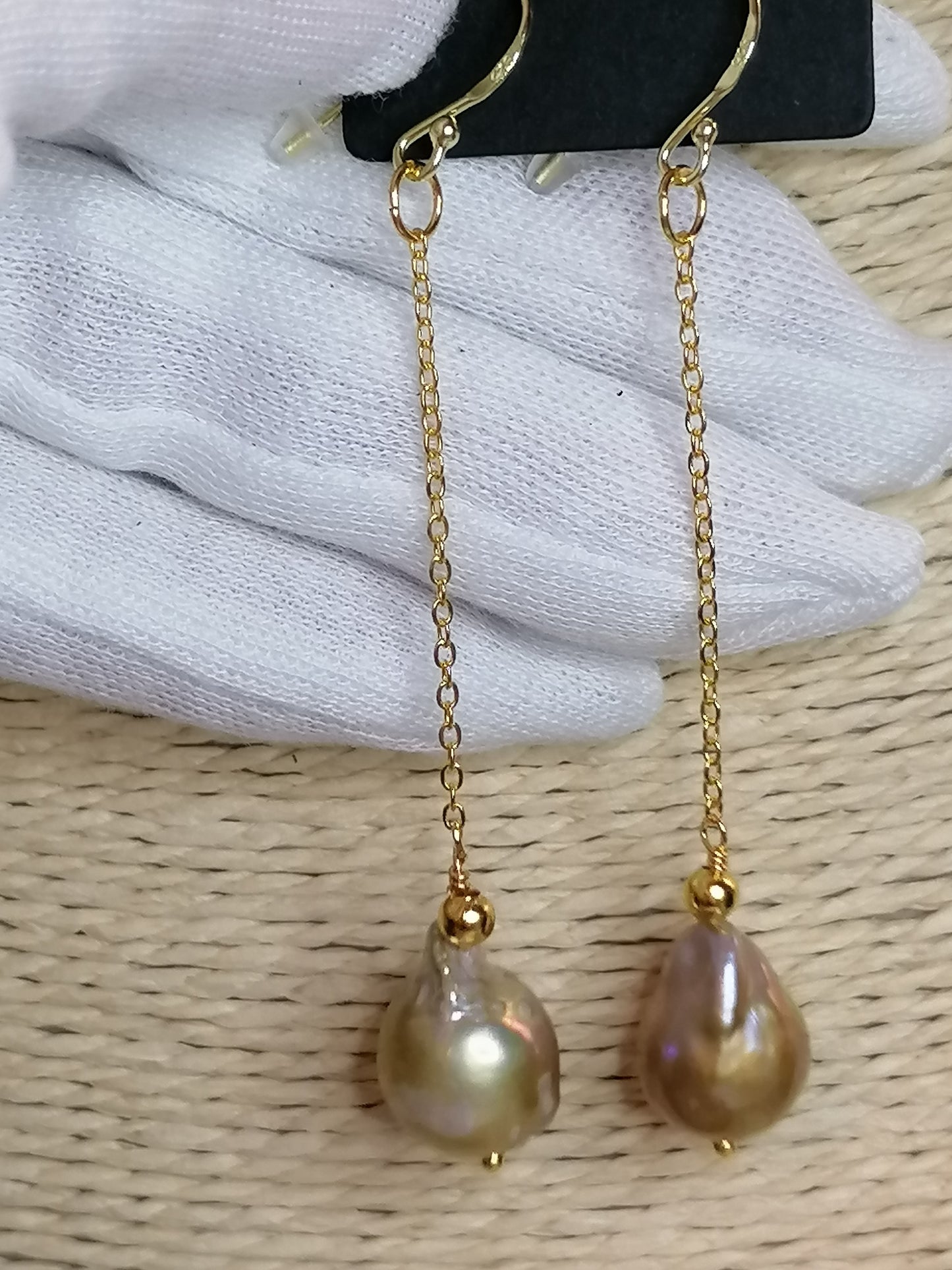 24ct Gold Vermeil 925 Sterling silver Cultured Freshwater Kasumi Pearl chain drop earrings 478