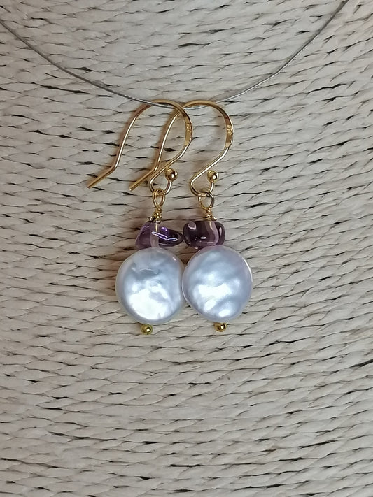 24ct Gold Vermeil 925 Sterling silver Cultured Freshwater Coin Pearl Earrings Rose De France Amethyst 418