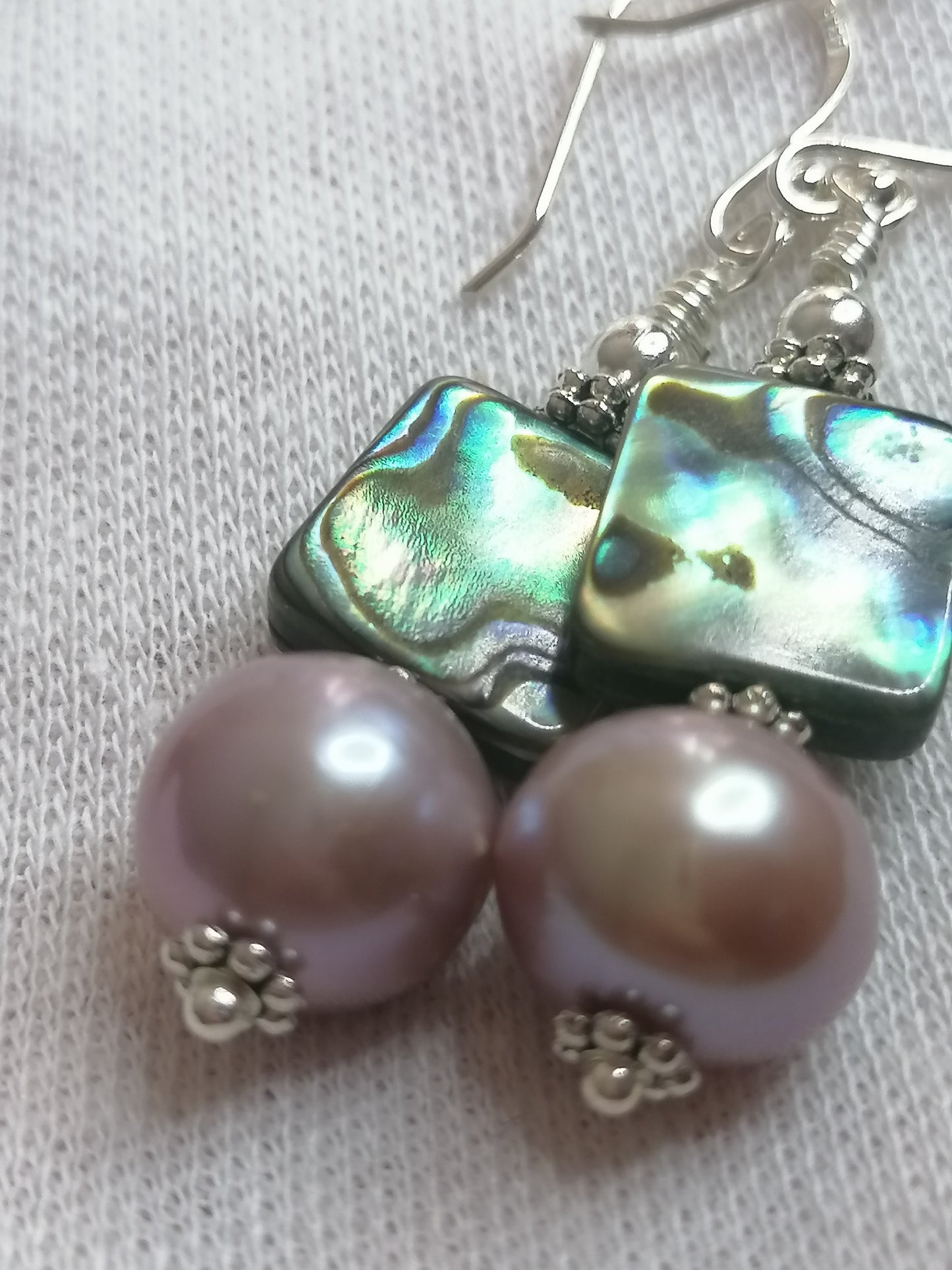 925 Sterling Silver Cultured Edison Pearl & Abalone Paua Shell Earrings 930