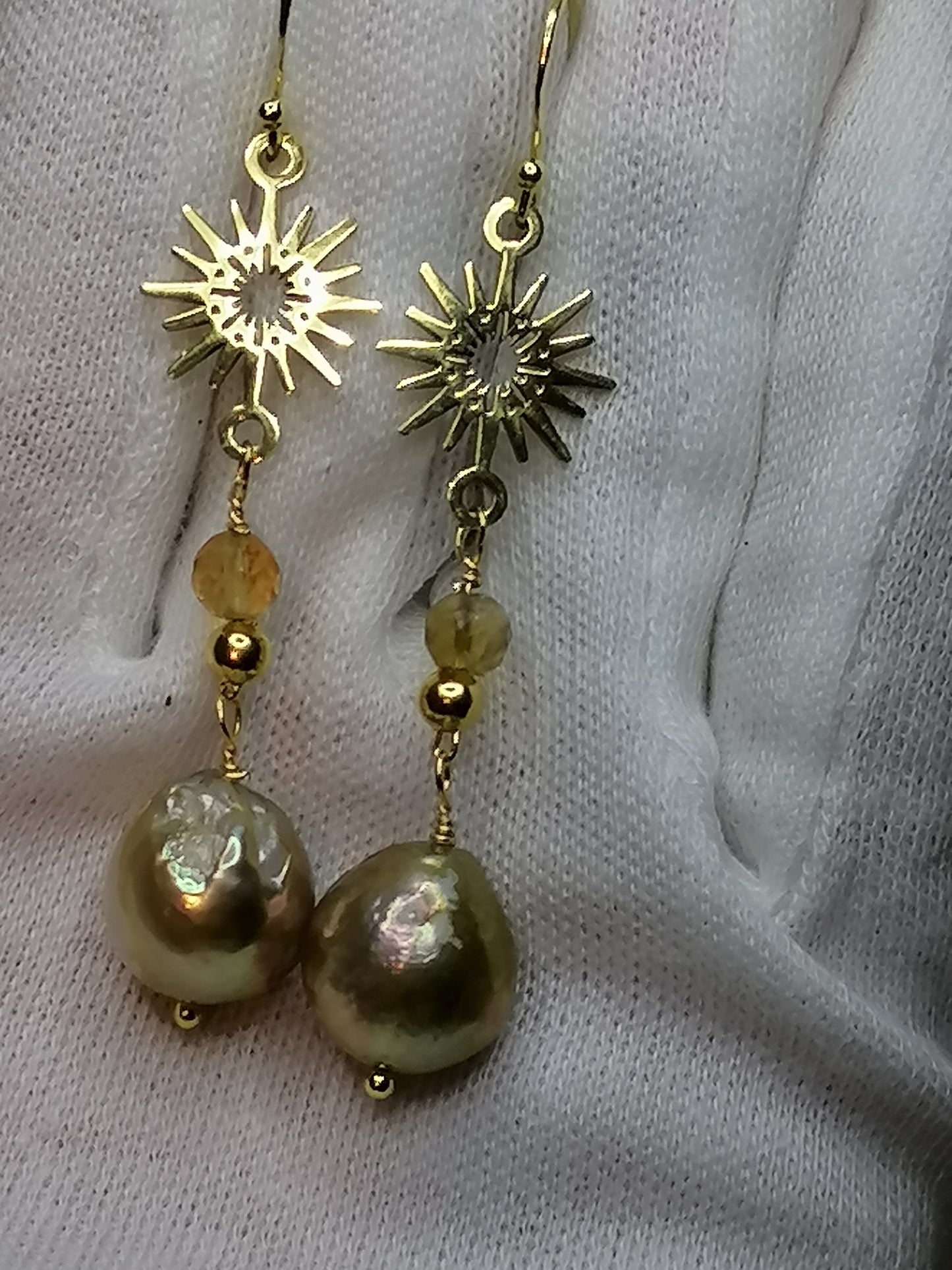 24ct Gold Vermeil 925 Sterling silver Cultured Freshwater Kasumi Pearl earrings Sunburst with Citrine 893