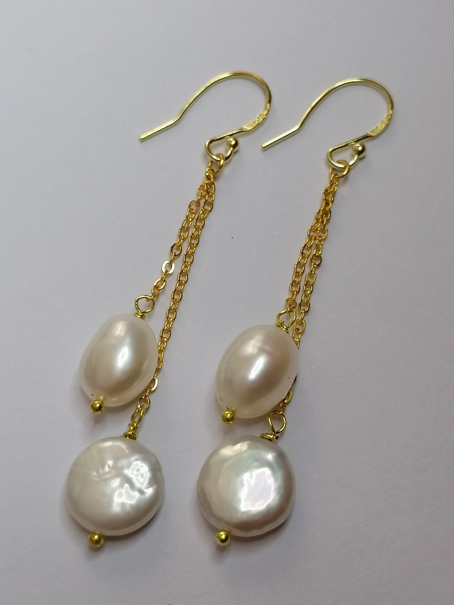 24ct Gold Vermeil 925 Sterling silver Cultured Freshwater Coin Pearl Earrings chain drop 879