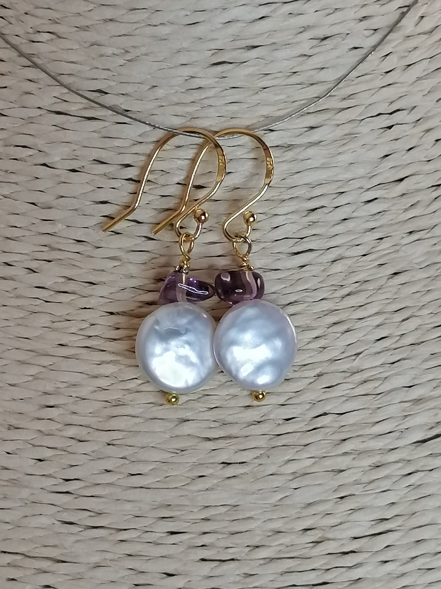 24ct Gold Vermeil 925 Sterling silver Cultured Freshwater Coin Pearl Earrings Rose De France Amethyst 418