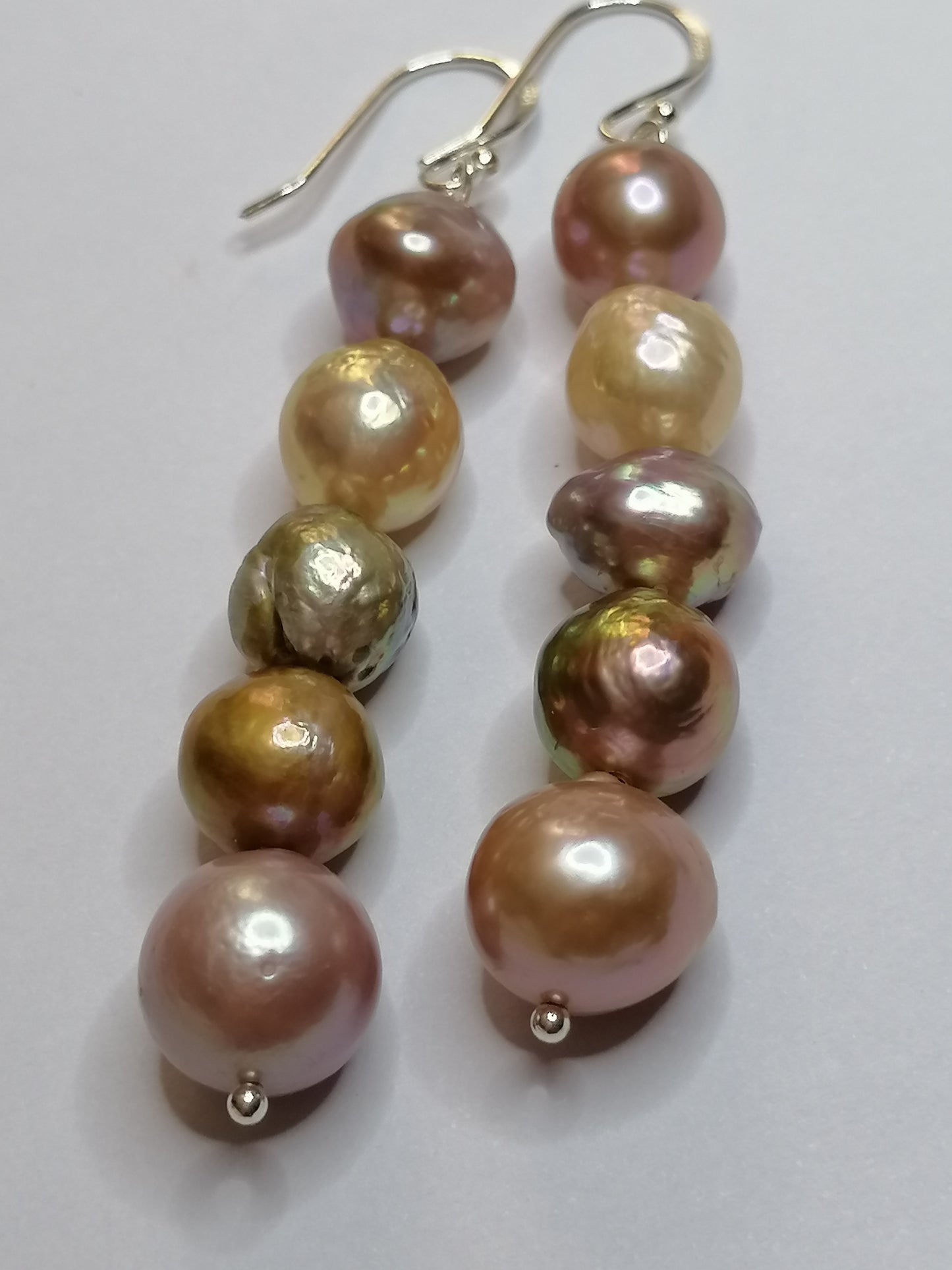 925 Sterling Silver Stacked Cultured Freshwater Kasumi Pearl Drop Earrings 910