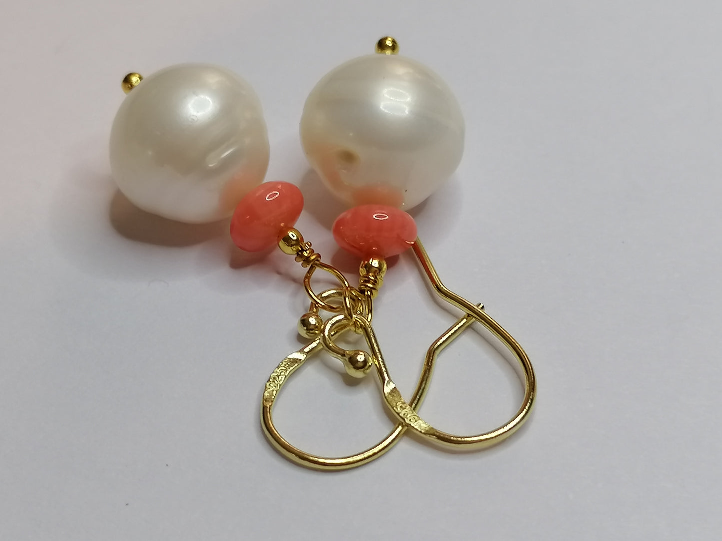 24ct Gold Vermeil 925 Sterling silver Cultured Freshwater Baroque Pearl Earrings with Pink Coral 950