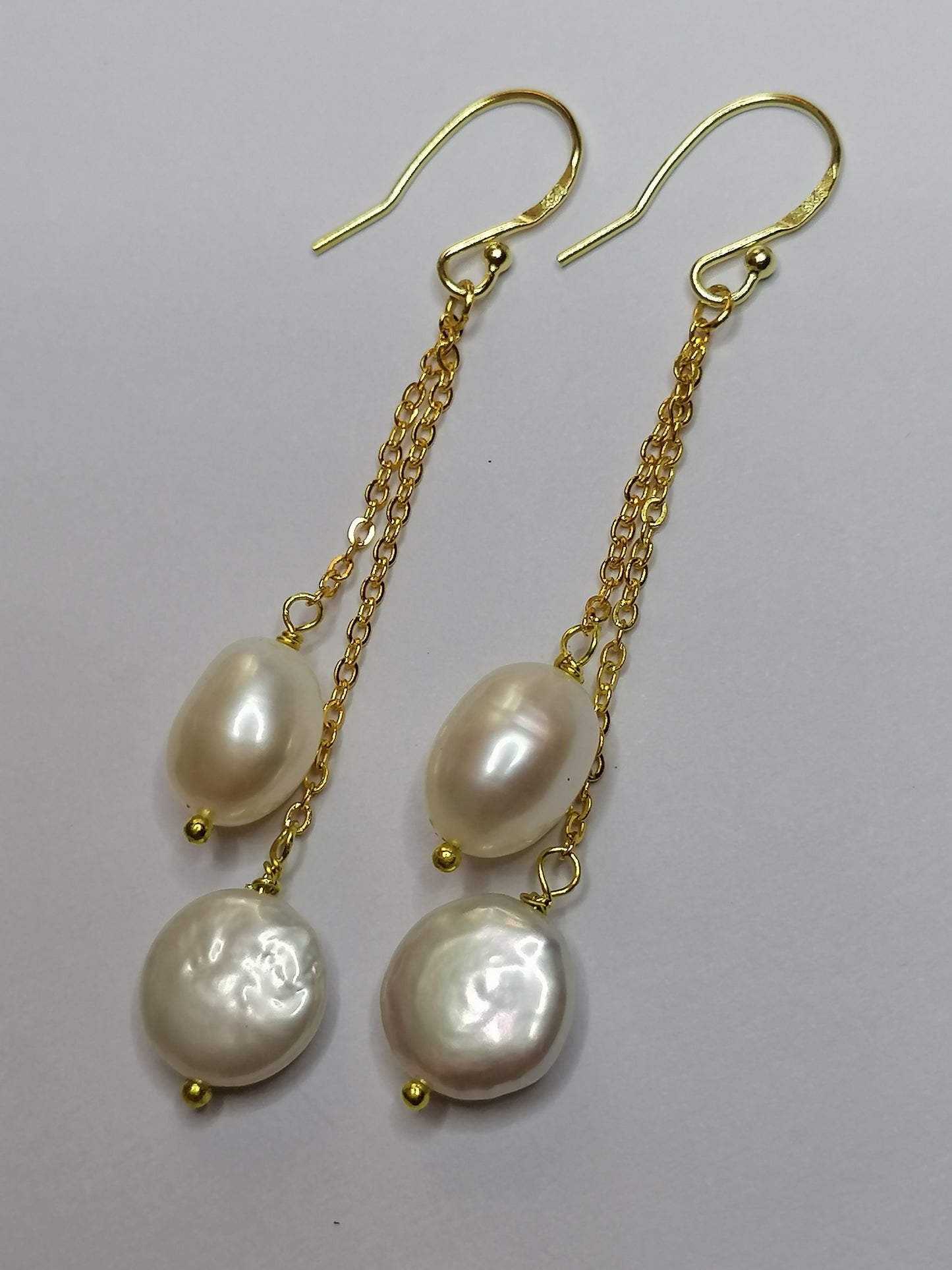 24ct Gold Vermeil 925 Sterling silver Cultured Freshwater Coin Pearl Earrings chain drop 879